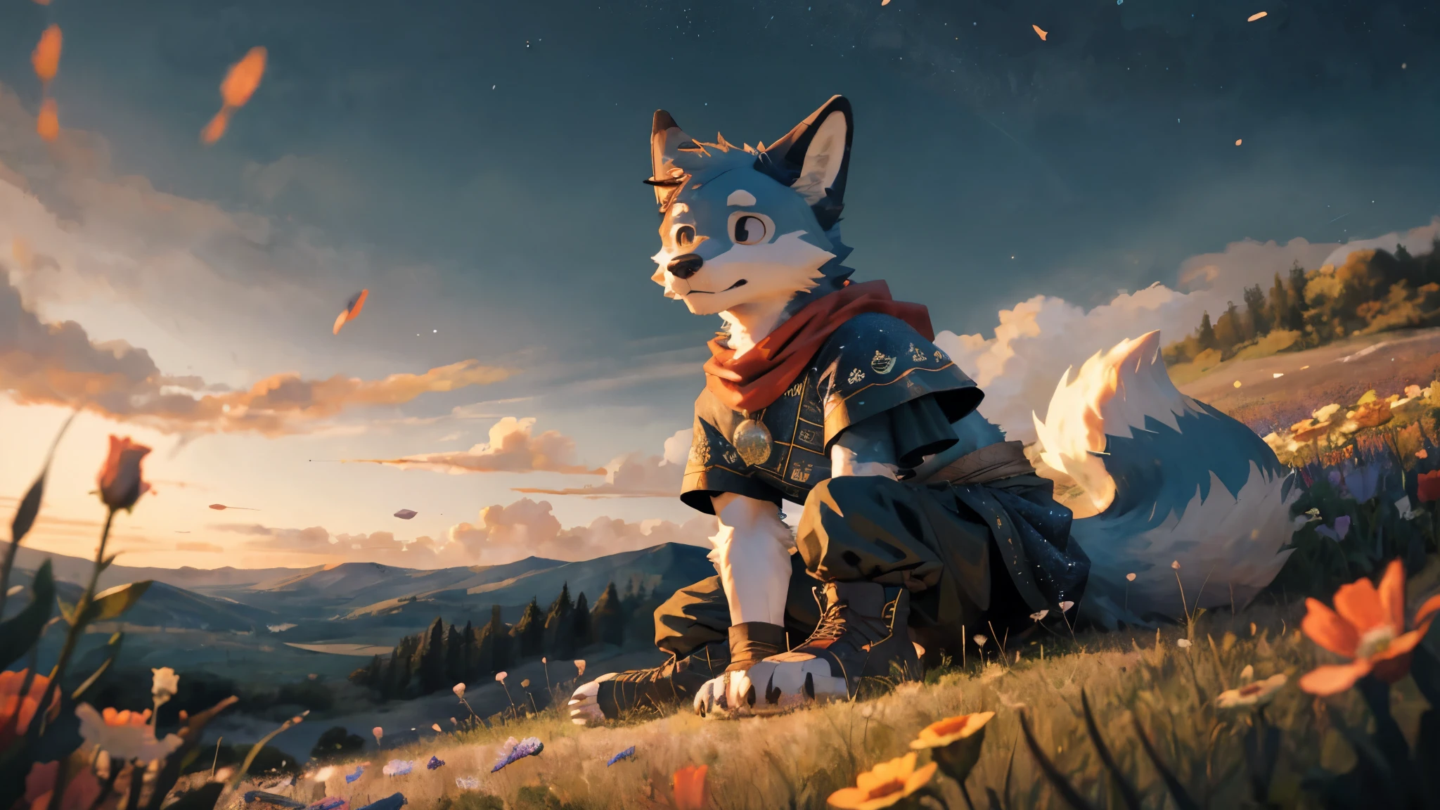 Masterpieces,official art,furry,male,shota,Anthropomorphic orange fox,Delicate face,two colors eyes blue and orange,no hair, traveler outfit,holding a sword watching sunset, field of flower, depth of field, perfect lighting, light particles,(best quality),(masterpiece),(ultra detailed),sharp focus,light particles