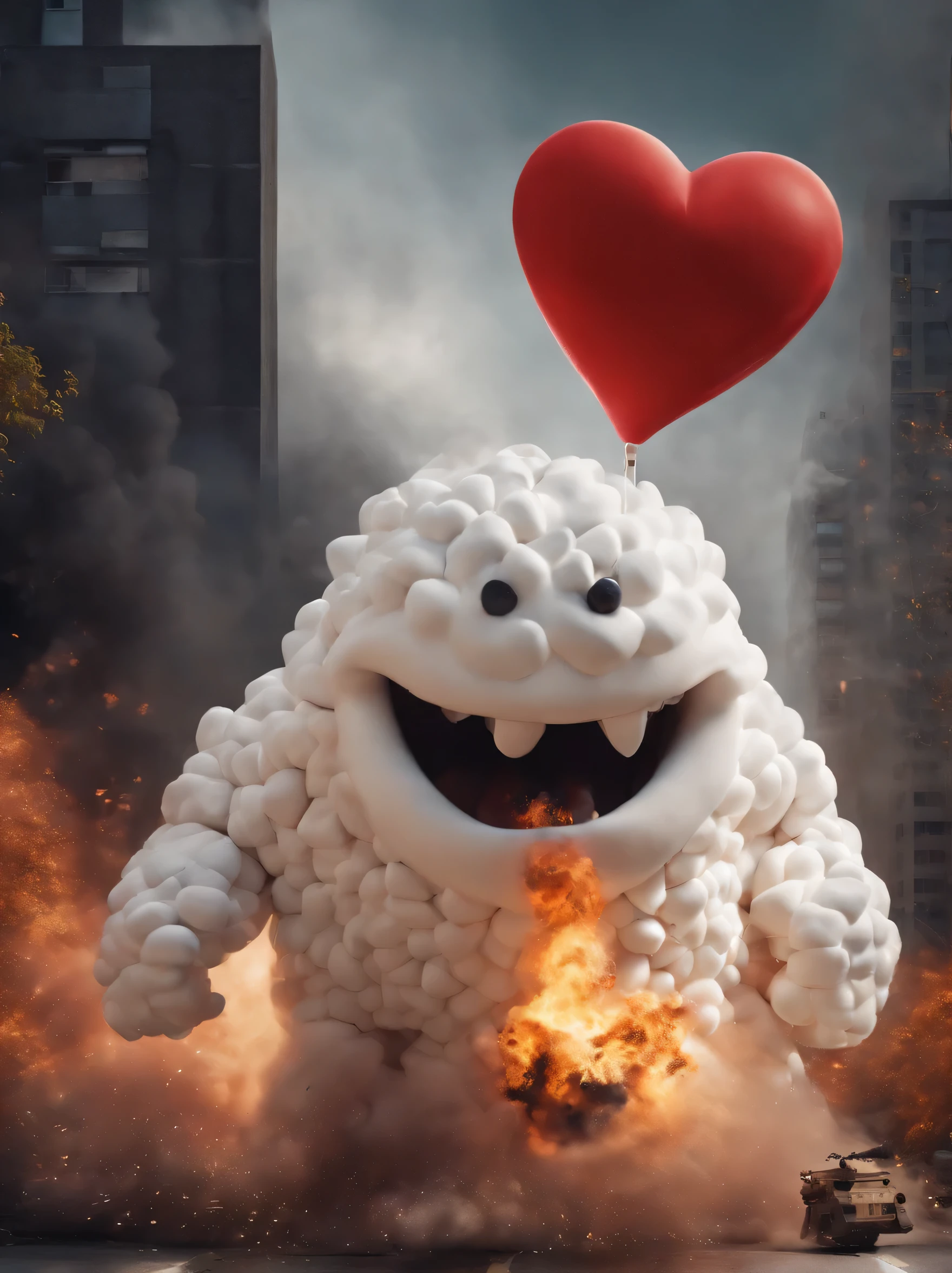 A ferocious monster that turns into a giant heart-shaped marshmallow due to the effects of radiation..、White color, monster'the face is heart shaped., Valentine's Day, Let the monsters go wild and destroy the city。photograph, photorealism、Marshmallow Body、Candy is growing out of my body、scary face with lots of fangs, I draw a lot of combat tanks and Self-Defense Forces personnel.。explosion, flame and smoke,