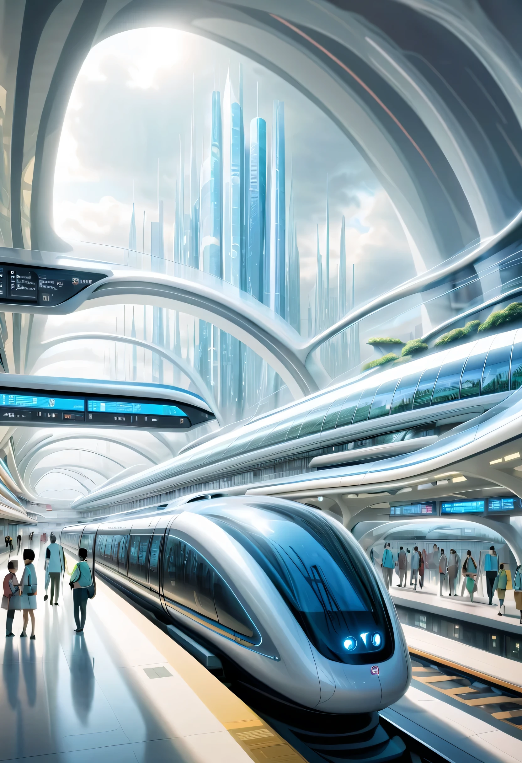 futureの首都に駅を描く,Transparent Tube:multiple:A train is running inside,future都市,terminal station,multipleの鉄道が接続する駅,future,be familiar with