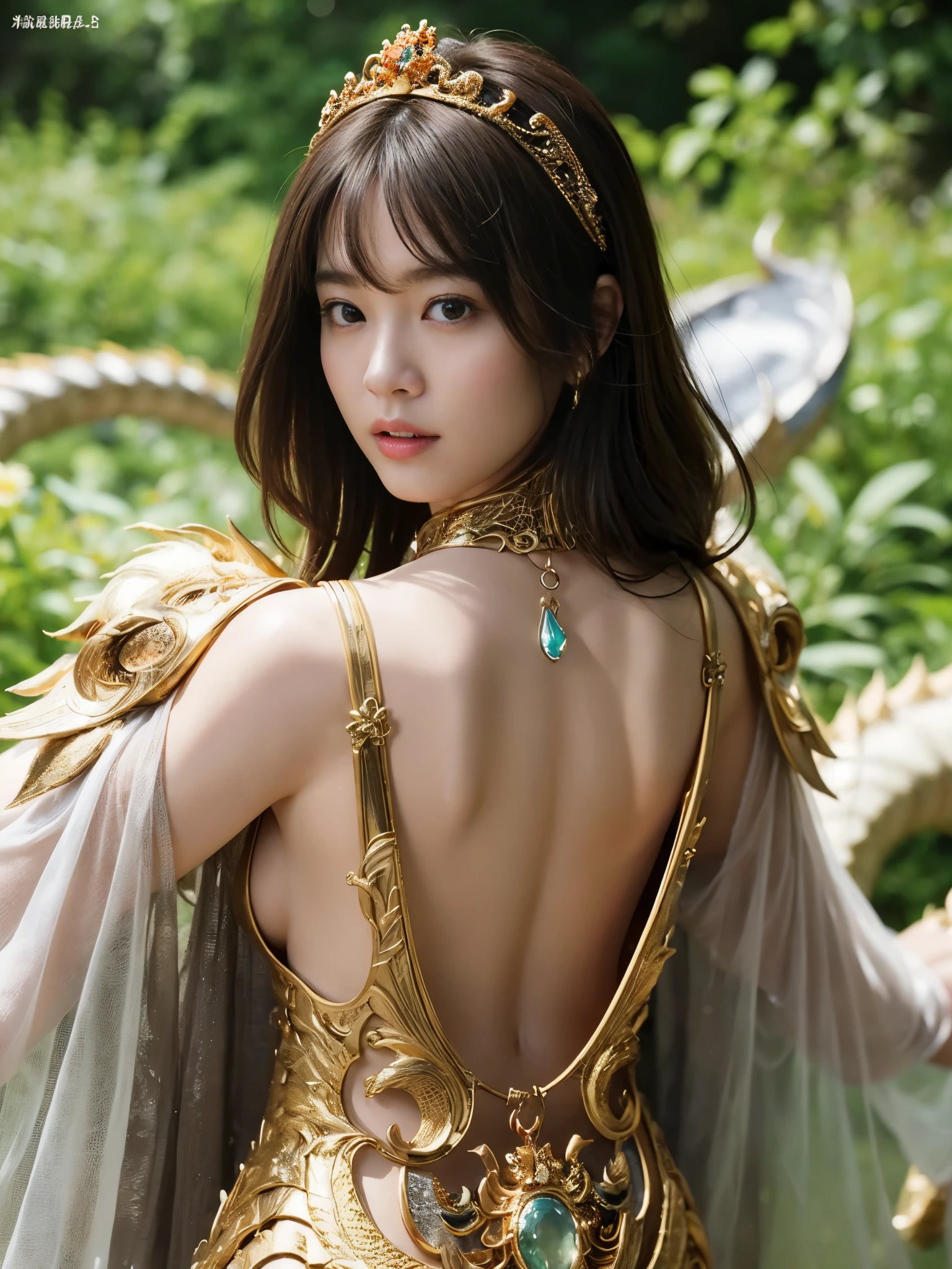 (((super weight milk)))、(A fierce battle with the dragon)、highest quality、masterpiece、ultra high resolution、(白Dragon Armor)、Dragon Armor、(wears a beautiful crown made of precious stones)、(Photoreal:1.4)、Raw photo、1 girl、golden hair、glowing skin、(((chinese dragon)))、(Expression like a gorgeous jewelry necklace)、(Fight against big dragons)、with a beautiful knife、(white metal bodysuit)、(beautiful forest background)、sheer cliff、(Small LED)、((Super realistic details))、Portrait、global illumination、shadow、octane rendering、8K、super vivid、big breasts、Raw skin exposed in cleavage、Metal、intricate ornamental details、japanese details、yellow eyes、shining eyes、facing the camera、neon detail mechanical limbs)、(Blood vessels connected to the ductechanical vertebrae attached to the back、mechanical cervical vertebrae)Worn on the neck、(Wires or cables connected to the head)、Mechanical thigh、two stock、(Hands are also machine made)、(veil)、