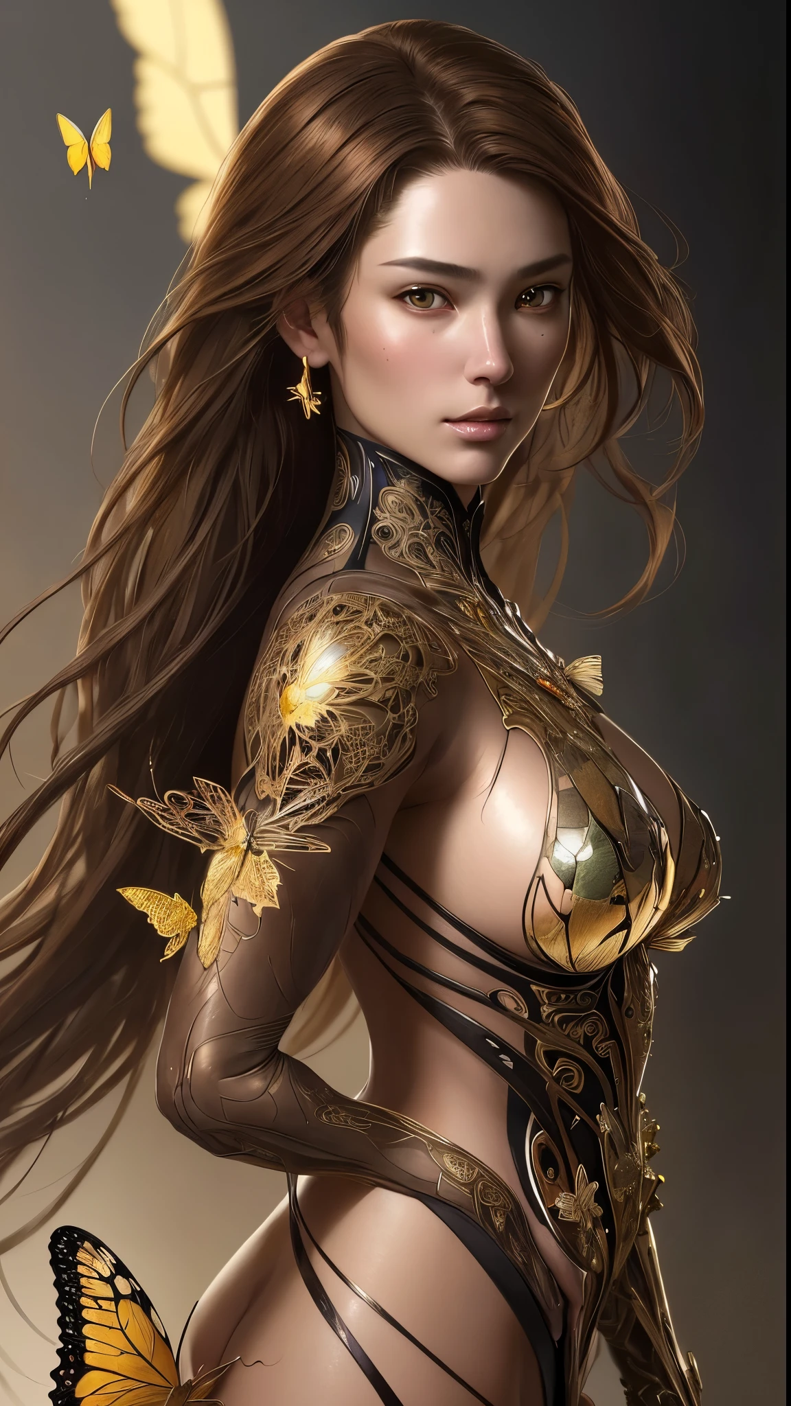 8k portrait of beautiful cyborg with brown hair, Complex, elegant, very detailed, majestic, digital photography, artgerm、ruan jia、greg rutkowskiによるアート、surrealistic painting、gold butterfly filigree, broken glass star piece, side light, Beautiful detailed eyes: 1.2), HDR,