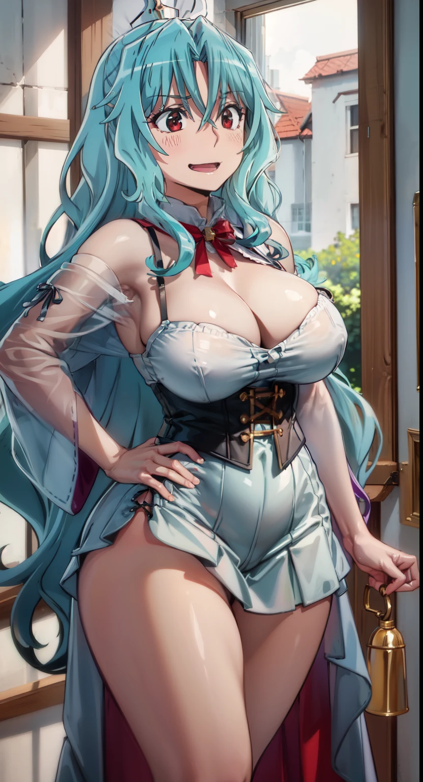 (Masterpiece, High Quality, Top quality, High-Detailed, Detailed CG, Cinematic Shadow, Cinematic Scene, Beautiful Detailed Eyes, Ultra Resolution, Depth of Field), Looking At The Audience, (Blush Expression:1.2), (Smiling Expression:1.2), (Erotic Expression:1.0), (NSFW:1.2), Red Eye, Blue Hair, Five Fingers, Good Composition, (White Dress:1.3), (Erotic Dress:1.0), (See-Through Dress:1.0), (Transparent Dress:1.0) (Short Skirt:1.2), (Chubby:1.2), (Cameltoe:1.0), Thicc Thighs, Thick, Large Breasts, Huge Breast, Beach, Sea, Outdoors
