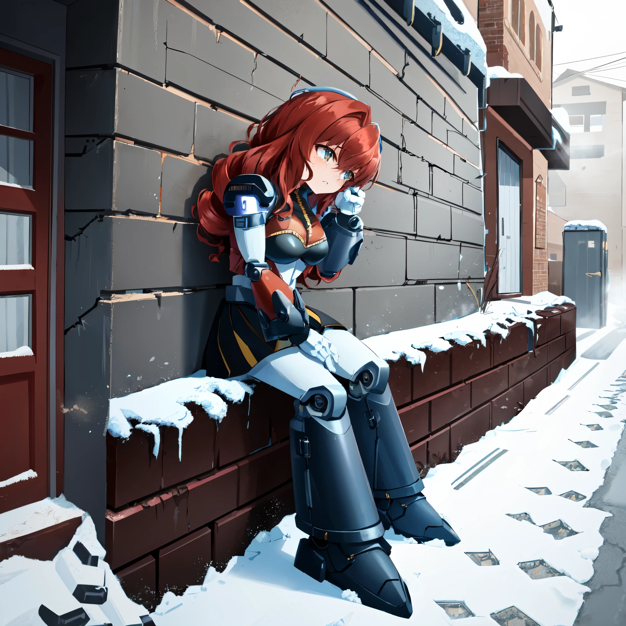 A female (average complexion,muscular,long curly red hair) is locked in a bulky mech suit making her look as character N from Murder Drones. She hides in an alley as she doesn’t know how she’s wearing the suit. (Best quality, ultra High Definition, 4k, extremely detailed) a Red head girl is huddled in an alley way, crying as she looks upon the armor she’s trapped in. The armor, with battle damage and worn paint, looks like robot N from the Tv series Murder Drones. The girls body is encased in the suit, with a black bomber jacket and black bra/undersuit sitting ontop. A metallic gaask-like armor is stuck to her face, unable to be removed and sealing her face inside. Long black treaded robot boots are encasing the girls’ legs. She looks upon this outfit with confusion, as she has no idea how this armor came to be on her. She has tears in her eyes, as her red hair drapes over the armor, the curls making the hair look more full. The alley in which she hides gives off a cold feeling, as snow blankets the ground, with grey decrepit brick buildings up and down the perpendicular street. Heavy fog is coming in, with snowfall starting to cover the girl and surrounding abandoned buildings.
