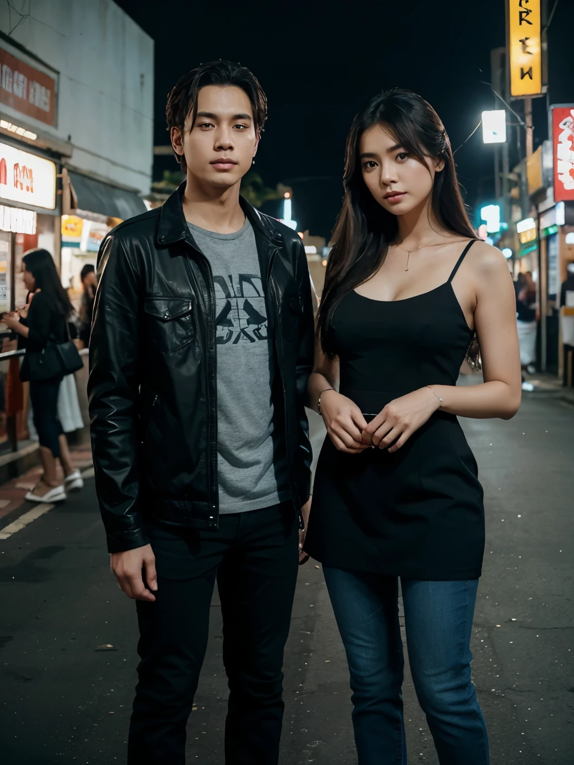 a man and a woman standing next to each other at a tourist spot in indonesia, an image, inspired by Adam Dario Keel, which is trending in the cg community, beautiful young Korean woman dressed in black party dress, jeans, movie screencap, model elisajes from acquamodels