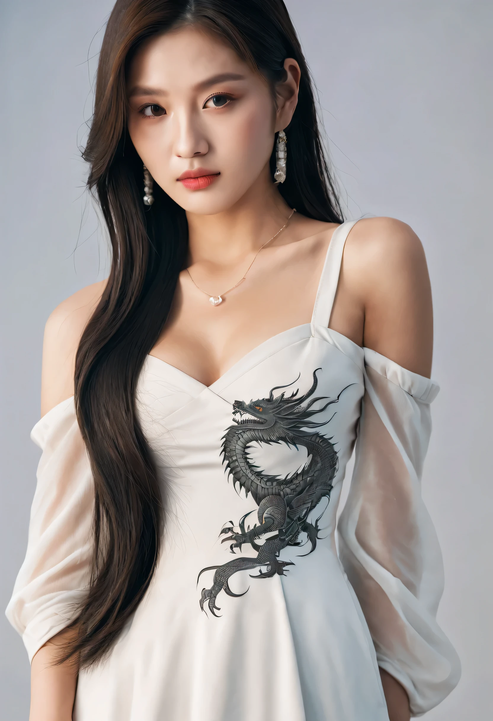 UHD 16k best quality portrait of a very attractive single green eyed Asian girl wearing a detailed white dress with dragons on it, beautiful south Korean woman, gorgeous Korean model, ((medium-sized breasts)), (best detailed iris, anatomically correct, finely detailed features, perfect body, perfectly flawless skin, super-detailed intricate, black and red dragon tattoos), (award winning), ((best quality)), masterpiece, detailed, edgy, (dramatic, confident, mirrorless, ultra-wide angle, sunset, lifestyle editorial, black and white, high, backlit)