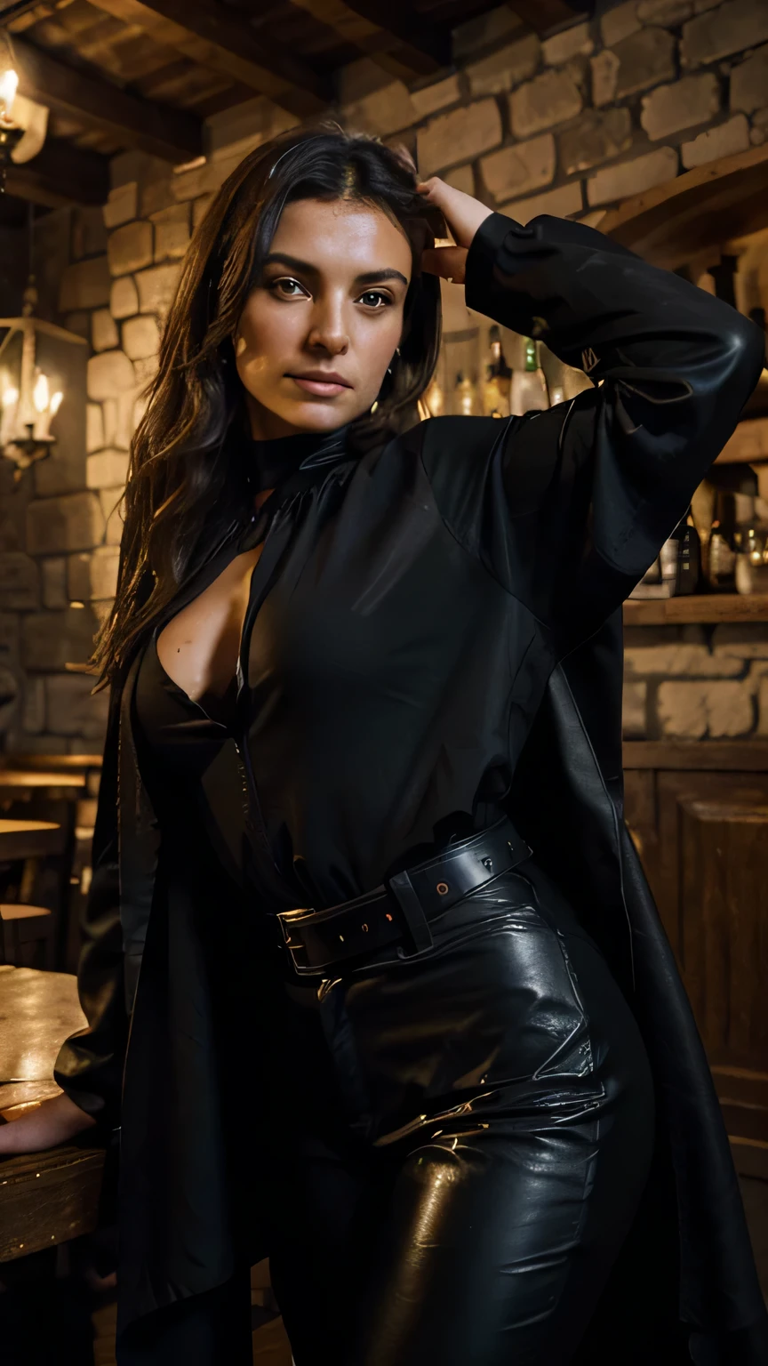 medium shot, photo of Sensual Sweaty italian female lady of the castle, Pointing pose, wearing Blouse and Leather pants, large black cloth cloak,in tavern, looking hopeful, (look at viewer:1.0) (skin texture), Fujifilm XT3, DSLR, 50mm,