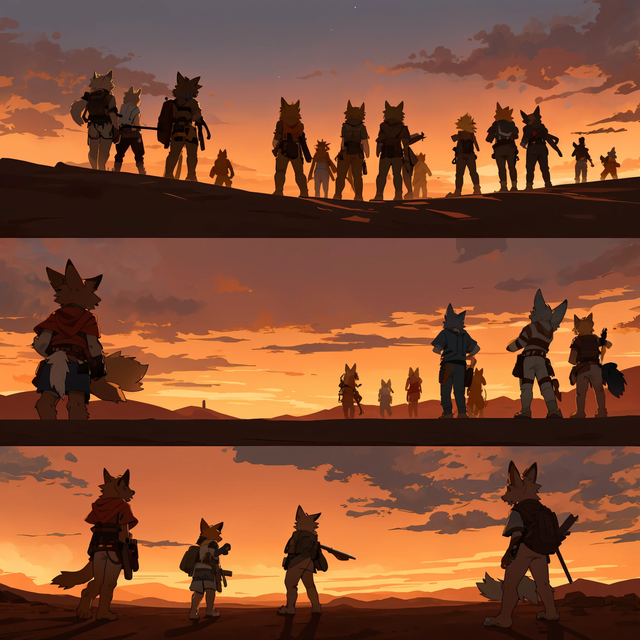 top quality, best quality, High-quality illustrations, masterpiece, super high resolution, detailed background, The desolate and rugged desert landscape at sunset, with the sky turning shades of red and the dry earth stretching into the distance, 6+boys, 6+girls, absurdres, perfect anatomy, expression, good lighting, cinematic shadow(kemono, furry anthro)assorted poses, dynamic angle,