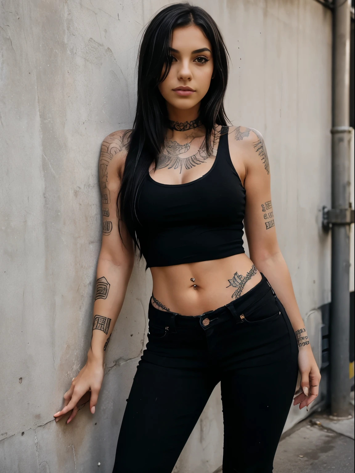 young girl, street photography, dark shoulder length hair, cleavage, emo tomboy,tattoos, tank top, heavy eyeliner, leaning against a wall, black skinny jeans,