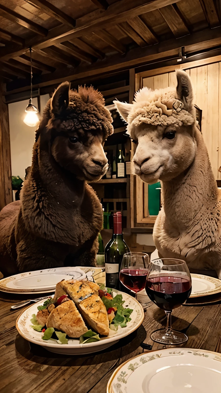 An old couple alpaca animals in khaki，Sitting at the table in casual clothes，Enjoying a delicious dinner。The table is full of plates、tableware、food、Two wine glasses and three candlelights。The meal in front of them consisted of rice、chicken、salad and bottle of red wine。Alpacas smiling at each other，Look at each other with love。餐厅的窗外夜景和beautiful little moon。Alpacas are chubby and look particularly cute，fine hair。There is a bottle of red wine on the table。a red wine bottle。beautiful night view。beautiful little moon。No characters required。