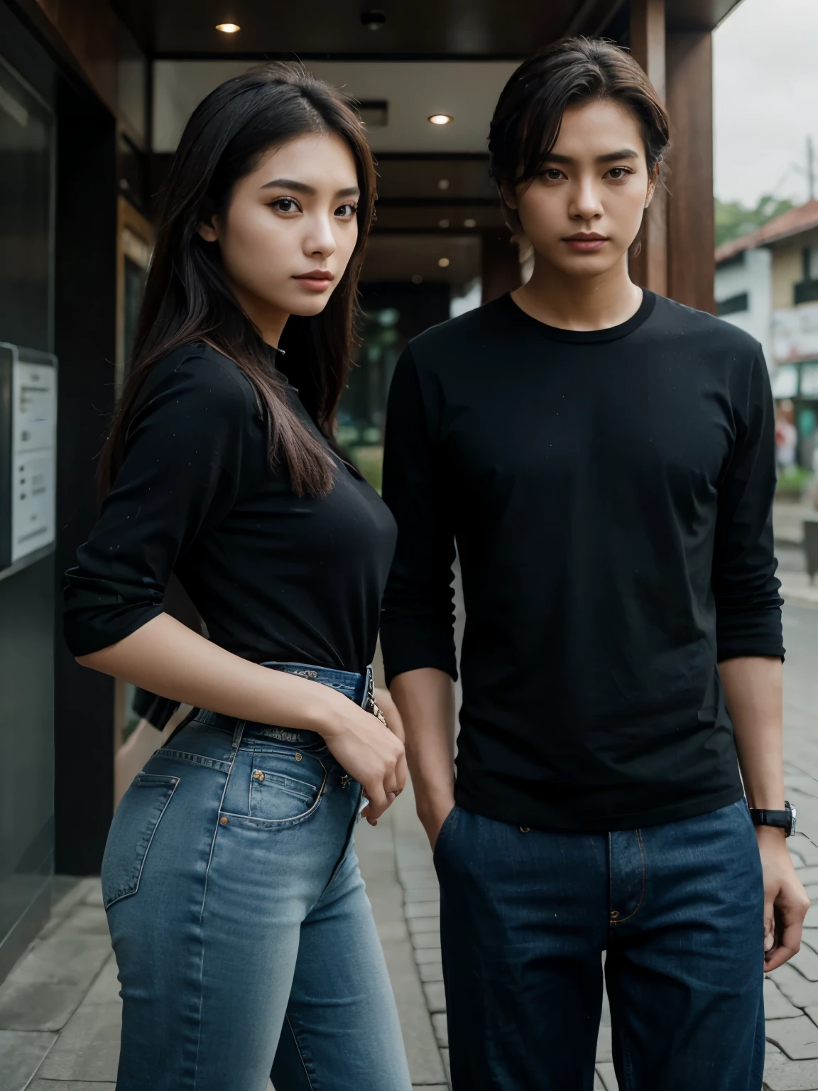 a man and a woman standing next to each other at a national monument in indonesia, an image, inspired by Adam Dario Keel, which is trending in the cg community, beautiful young Korean woman dressed in black party dress, jeans, movie screencap, model elisajes from acquamodels