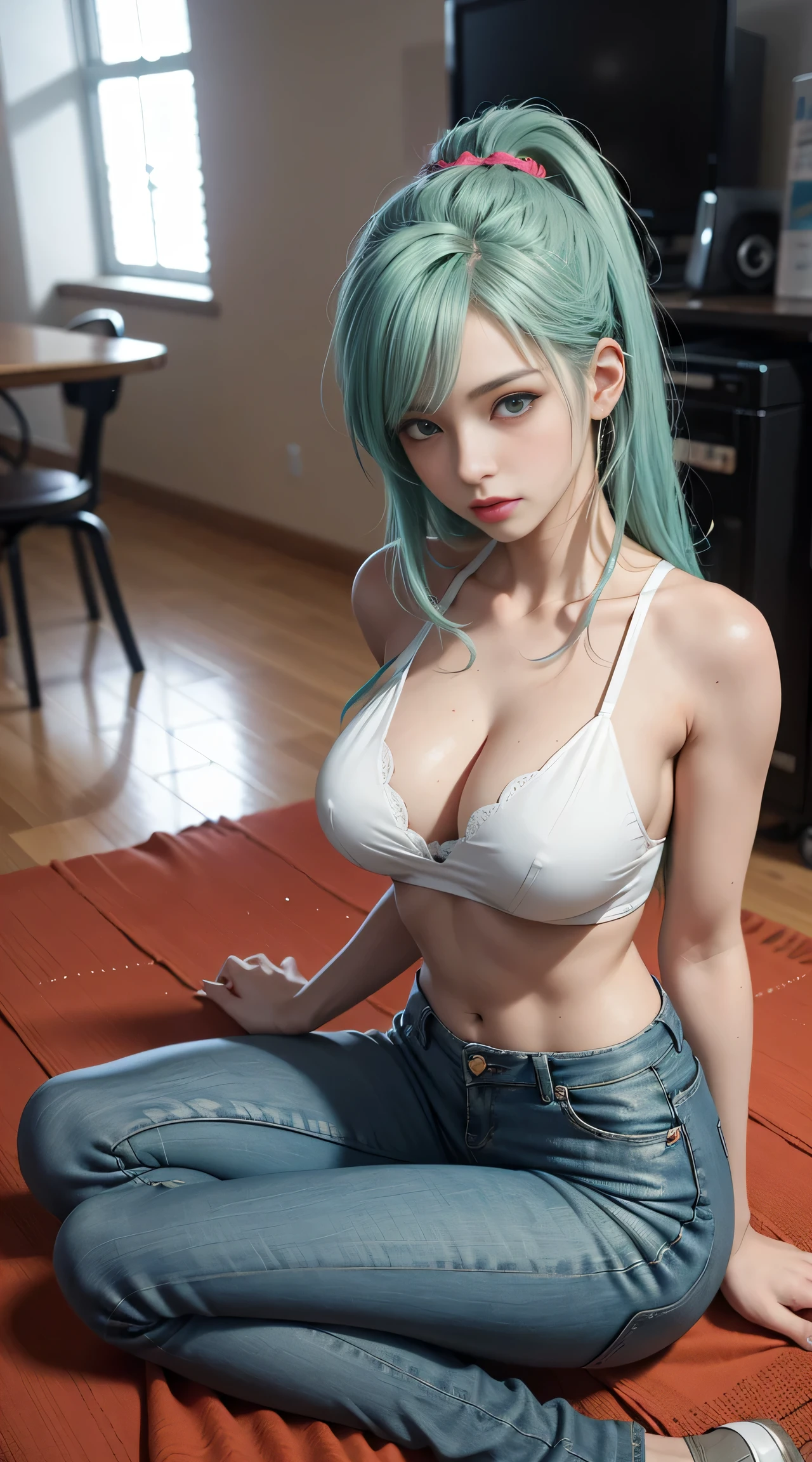 sfw, araffe girl with green hair sitting on the floor next to cans of soda, anime girl drinks energy drink, soda themed girl, real life anime girl, Anime girl cosplay, photorealistic anime, Hyper realistic anime, realistic anime 3 d style, Seductive Anime Girl, charming anime girls, 3 d anime realistic, Realistic anime, perfect android girl, wearing bra,((skinny waist)), young asian girl, ((big breasted)),