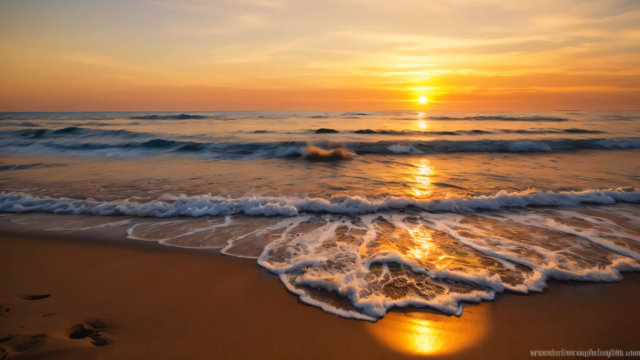 Une plage au coucher du soleil, with warm colors dominating and a slight breeze lifting its coat.