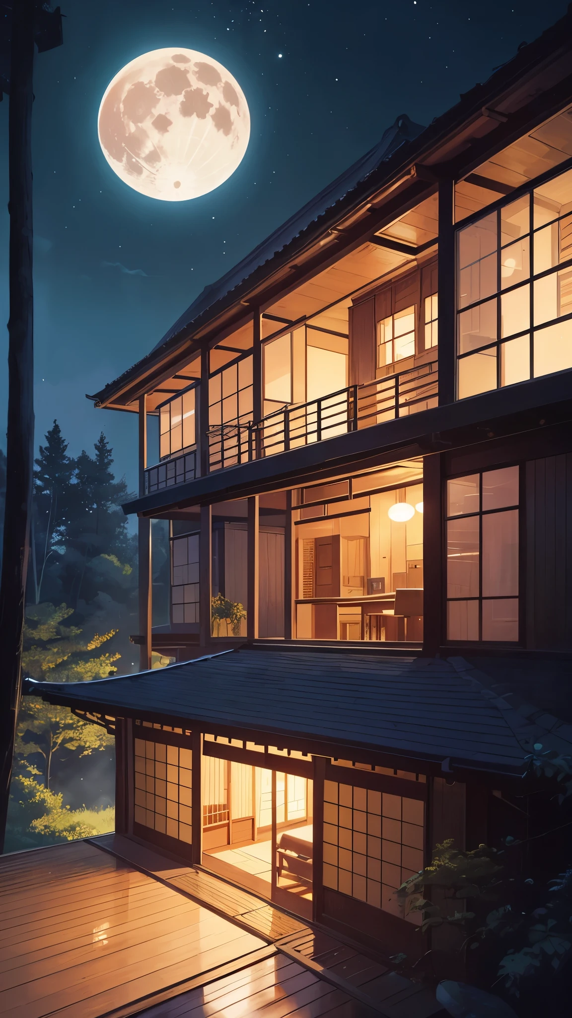 painting of a house in the woods at night with a full moon, a digital rendering inspired by Hiroshi Nagai, cg society contest winner, sōsaku made, japanese villa syd mead, yasushi nirasawa syd mead, syd mead and raphael lacoste, beautiful rendering, japanese glass house, hasui kwase, japanese house