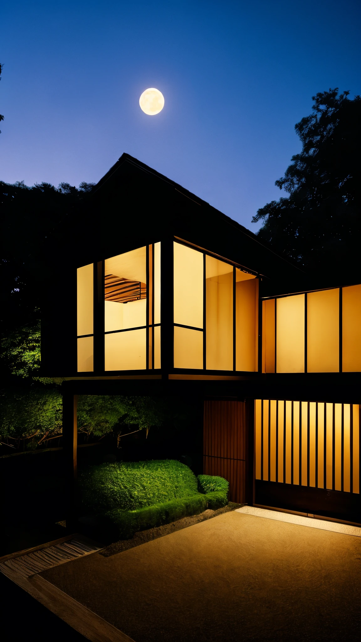 painting of a house in the woods at night with a full moon, japanese villa syd mead, inspired by Hiroshi Nagai, yasushi nirasawa syd mead, syd mead and raphael lacoste, inspired by Tōshi Yoshida, japanese glass house, inspired by Hiroshi Yoshida, beautiful rendering, hasui kwase, by Yoshihiko Wada