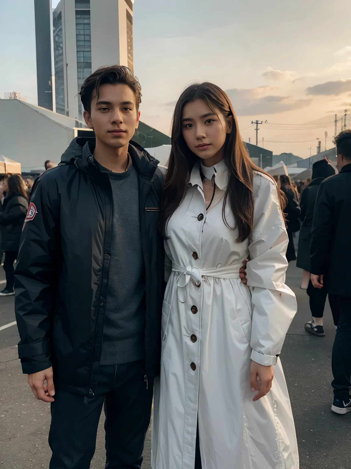 photograph, photo of Park Seo-joon (korea actor) embrace  Liu Yifie ( chinese actress) , selfie, upper body, solo, wearing pullover, outdoors, (night), mountains, real life nature, stars, moon, cheerful, happy, gloves, sweater, beanie, forest, rocks, river, wood, smoke, fog, looking at viewer, skin texture, photo grain, close up, RAW photo