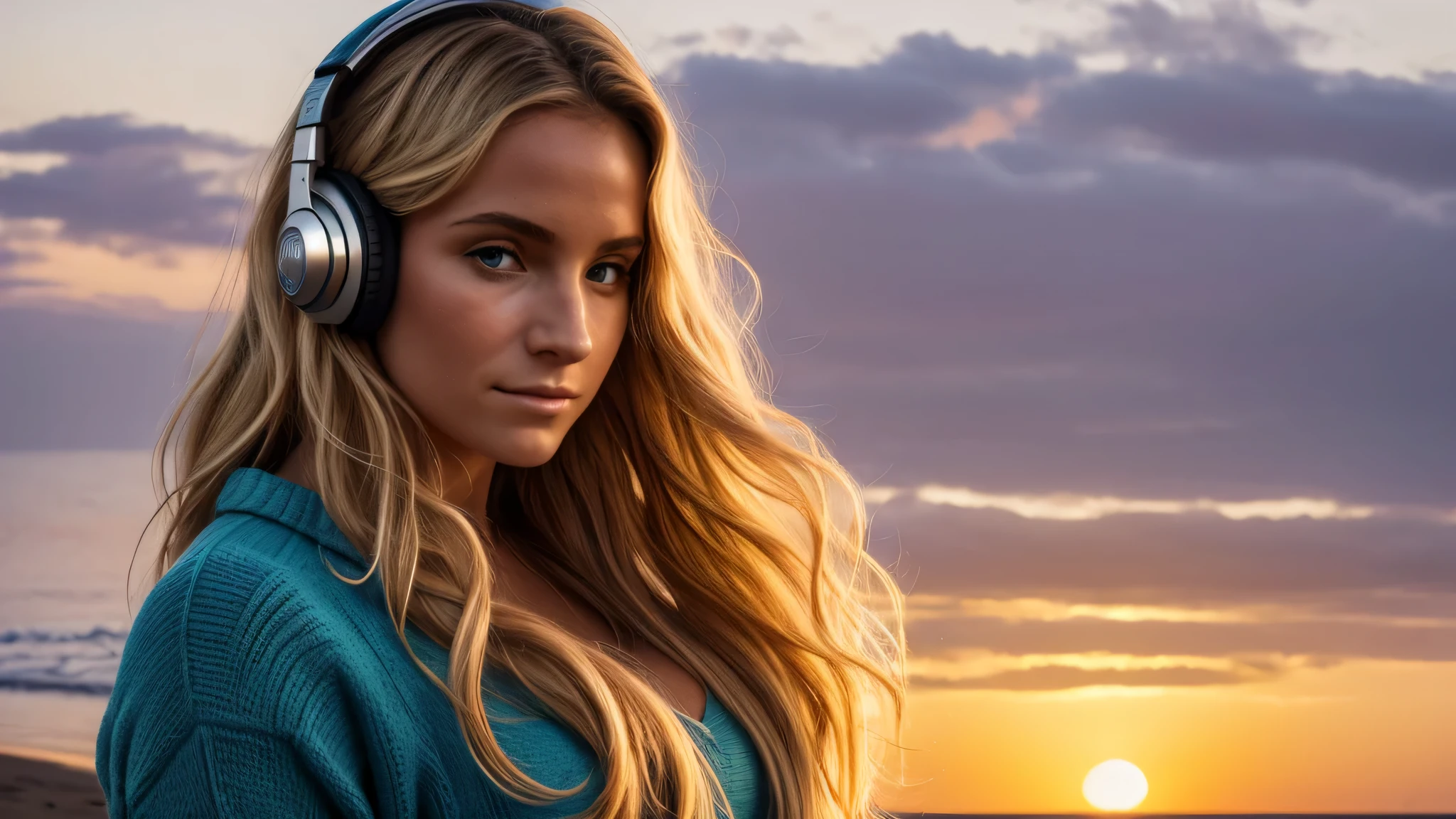 Imaginez le portrait d'une femme au visage serein, qui porte des lunettes fine de soleil, with long wavy blonde hair, reflecting the golden light of dusk at the edge of'une plage. Elle porte un casque audio sur les oreilles, symbole de son lien avec la musique. The scene takes place at the end of the day, with a subdued light that delicately envelops her face and hair, créant une atmosphère intime et inspirante. Le fond de l'image est estompé, mettant en avant la femme tout en suggérant un espace ouvert et paisible, perhaps evoking creative freedom or'escape that'offers his YouTube channel. L'image combine élégance, tranquility and modernity, capturer l'essence de la chaîne qu'it represents. The color palette is dominated by the soft hues of the sunset, avec des touches de bleu et d'or pour équilibrer chaleur et fraîcheur. Cette image de couverture est conçue pour attirer l'attention tout en invitant les spectateurs à découvrir le monde que la chaîne a à offrir.