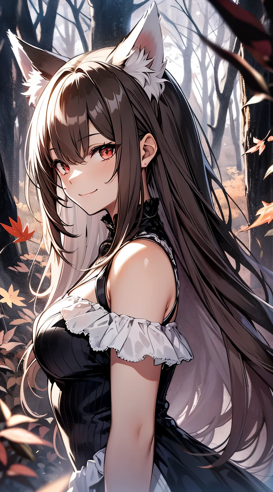 （（masterpiece：1.4，best quality））+，（Ultra-detailed）+，（super detailed eyes）+，（arctic fox ears：1.5），
（cute girl），15 years old，（dark red eyes：1.15），Short brown hair，Brown long braids, little black cat hairpin，（Variza：1.2），pale skin，Smile，一個誘人的Smile
（She wears a robe made of black leaves：1.5），（black gloves：1.4），Black maxi dress
black veil，black veil，thin legs，Surrounded by towering trees，
（Fluffy fox tail：1.1），
（Dawn light：1.2），arctic fox，
（Thick black and white：1.16），（depth of field：1.4），