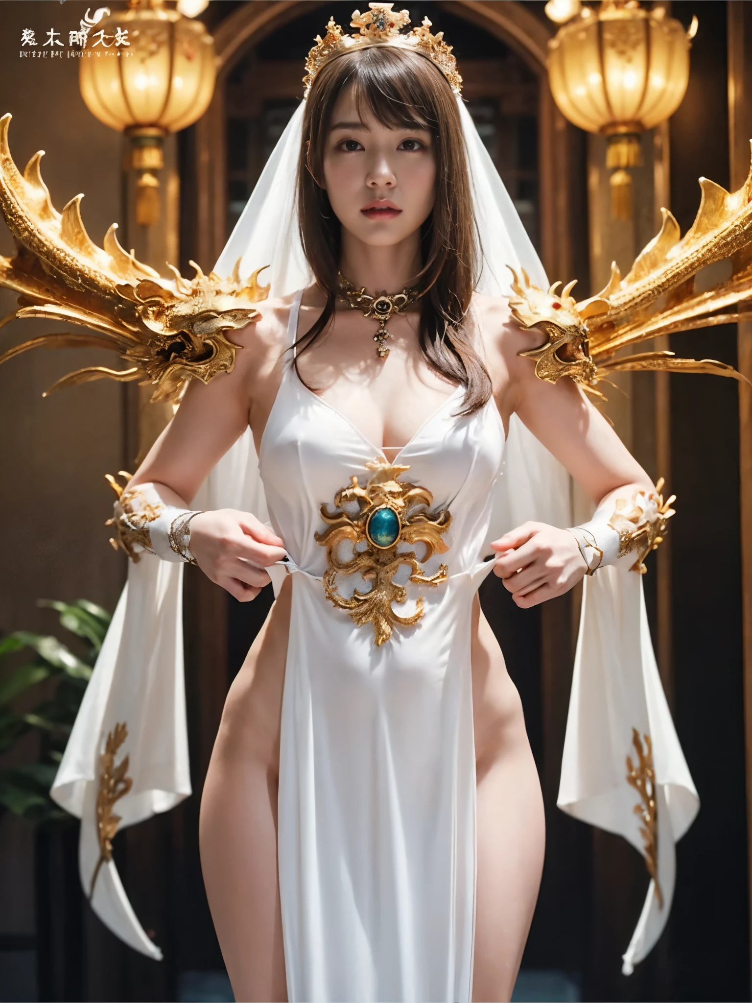 (((super weight milk)))、(A fierce battle with the dragon)、highest quality、masterpiece、ultra high resolution、(白Dragon Armor)、Dragon Armor、(wears a beautiful crown made of precious stones)、(Photoreal:1.4)、Raw photo、1 girl、golden hair、glowing skin、(((chinese dragon)))、（Expression like a gorgeous jewelry necklace）、（Fight against big dragons）、with a beautiful knife、（white metal bodysuit）、(beautiful forest background)、sheer cliff、(Small LED)、((Super realistic details))、Portrait、global illumination、shadow、octane rendering、8K、super vivid、big breasts、Raw skin exposed in cleavage、Metal、intricate ornamental details、japanese details、yellow eyes、shining eyes、facing the camera、neon detail mechanical limbs）、（Blood vessels connected to the ductechanical vertebrae attached to the back、mechanical cervical vertebrae）Worn on the neck、(Wires or cables connected to the head)、Mechanical thigh、two stock、(Hands are also machine made)、(veil)、