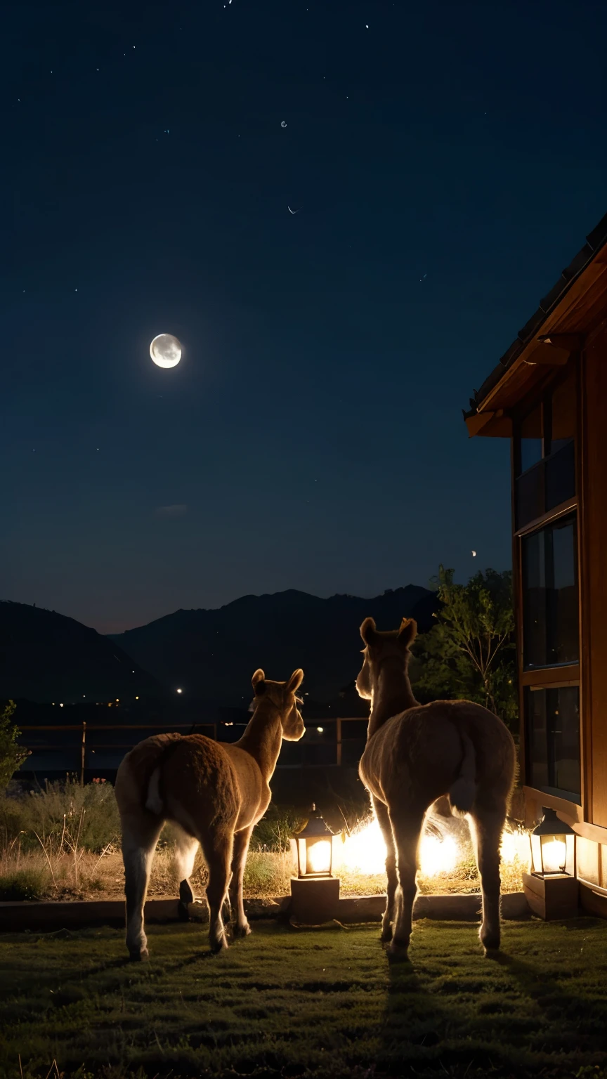 Pair of khaki alpaca animals back view,beautiful night view。beautiful little moon。