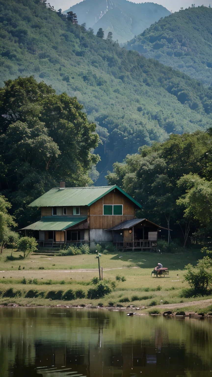 oil painting, watercolour on canvas, green color, depiction of rural life, cabin, lake, secluded settings, traditional vietnamese, in the style of guynevo, guynevo secret diffusion_layer optimization algorithm --style raw --weird 25