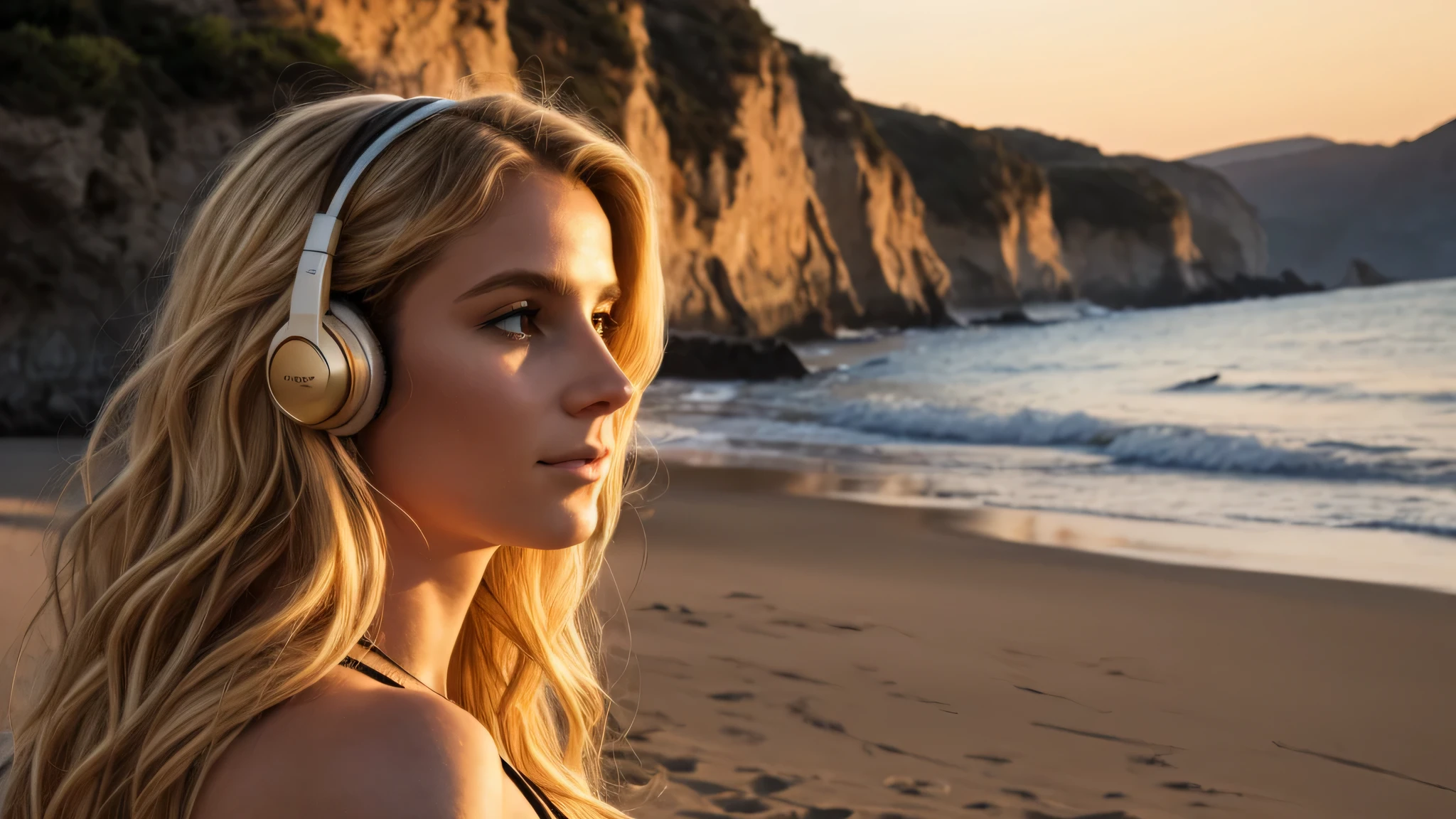 Imaginez le portrait d'une femme au visage serein, qui porte des lunettes de soleil, with long wavy blonde hair, reflecting the golden light of dusk at the edge of'une plage. Elle porte un casque audio sur les oreilles, symbole de son lien avec la musique. The scene takes place at the end of the day, with a subdued light that delicately envelops her face and hair, créant une atmosphère intime et inspirante. Le fond de l'image est estompé, mettant en avant la femme tout en suggérant un espace ouvert et paisible, perhaps evoking creative freedom or'escape that'offers his YouTube channel. L'image combine élégance, tranquility and modernity, capturer l'essence de la chaîne qu'it represents. The color palette is dominated by the soft hues of the sunset, avec des touches de bleu et d'or pour équilibrer chaleur et fraîcheur. Cette image de couverture est conçue pour attirer l'attention tout en invitant les spectateurs à découvrir le monde que la chaîne a à offrir.