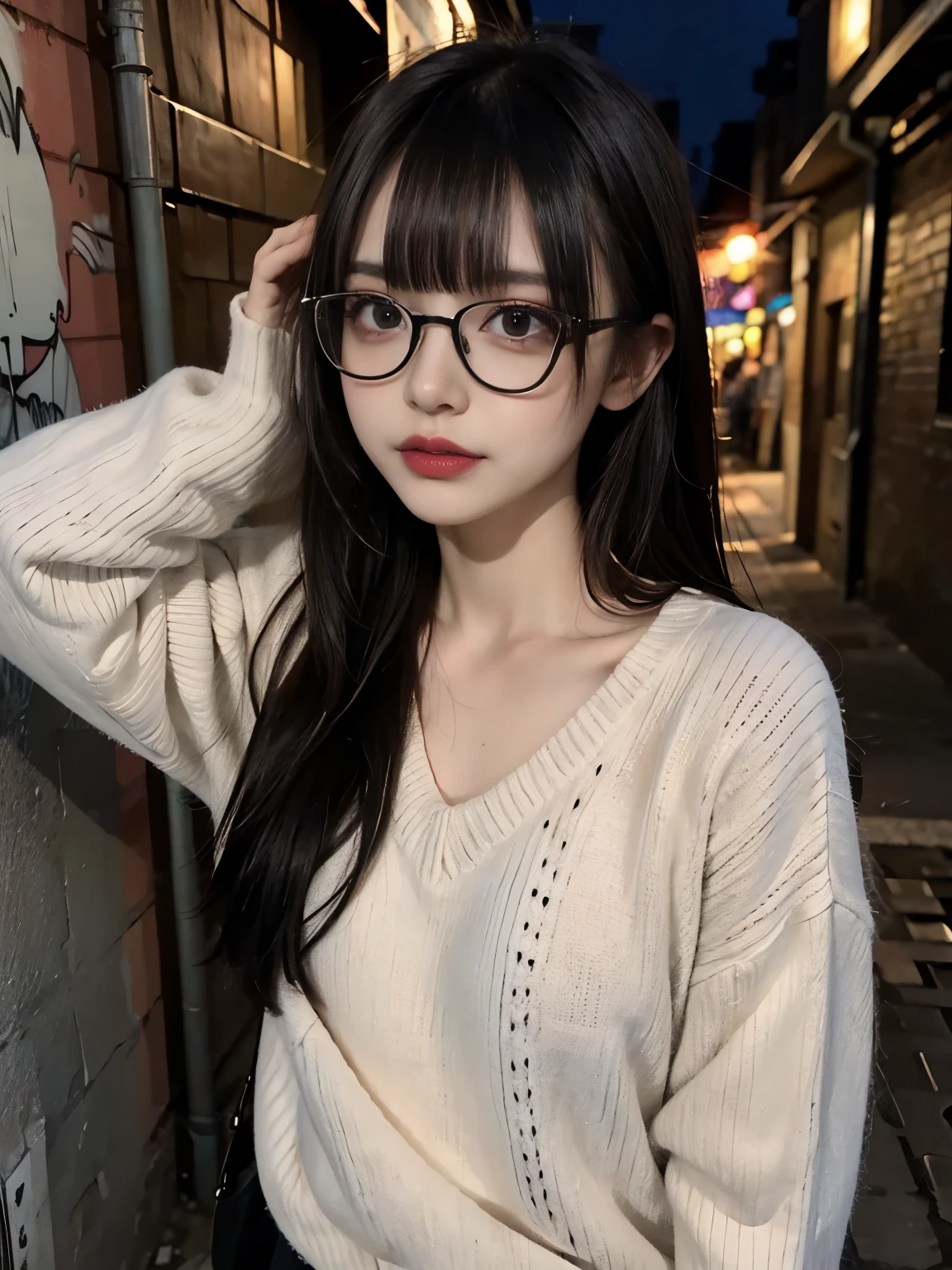 raw photo, 8k, (top-quality), Realistic, (real picture, Intricate details), (natural skin texture, detailed skin, hyper realism, sharpness), (glasses Japanese teenage girl standing in a dirty back alley at night, hands on head, graffitied wall:1.3), ((white hand-knitted long sweater, v-neck sweater)), (pale skin:1.2), slender body), ((bob hair, blunt bangs)), (glasses seductive face, provocative look, Parted lips:1.3, eye shadow, eyeliner, tear bag:1.2, red lipstick), graffiti:1.5, night time, spot lighting:1.3, upper body shot