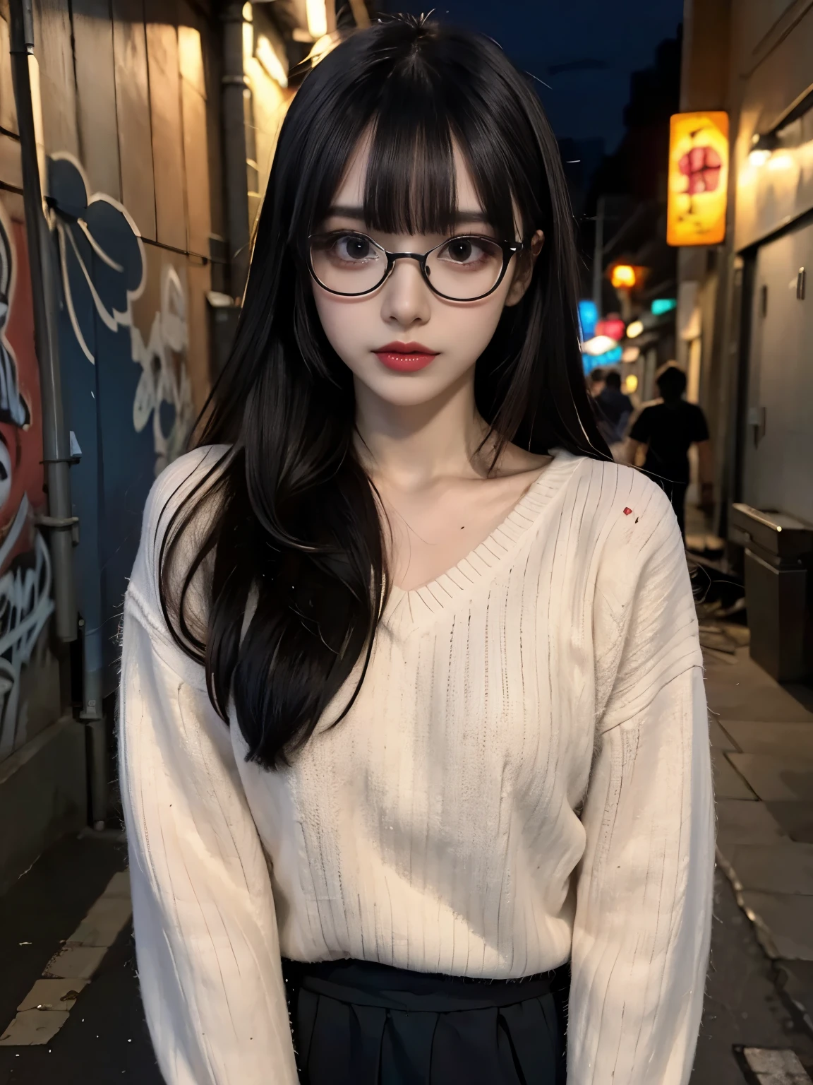 raw photo, 8k, (top-quality), Realistic, (real picture, Intricate details), (natural skin texture, detailed skin, hyper realism, sharpness), (glasses Japanese teenage girl standing in a dirty back alley at night, hands on head, graffitied wall:1.3), ((white hand-knitted long sweater, v-neck sweater)), (pale skin:1.2), slender body), ((bob hair, blunt bangs)), (glasses seductive face, provocative look, Parted lips:1.3, eye shadow, eyeliner, tear bag:1.2, red lipstick), graffiti:1.5, night time, spot lighting:1.3, upper body shot