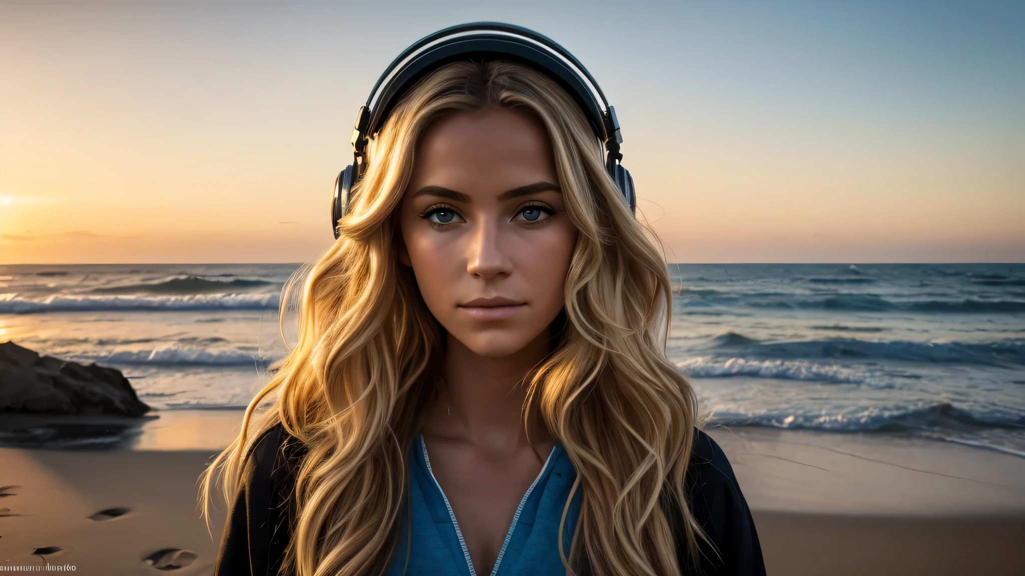 Imaginez le portrait d'une femme au visage serein, with long wavy blonde hair, reflecting the golden light of dusk at the edge of&#39;une plage. Elle porte  un casque audio sur les oreilles, symbole de son lien avec la musique. The scene takes place at the end of the day, with a subdued light that delicately envelops her face and hair, créant une atmosphère intime et inspirante. Le fond de l'image est estompé, mettant en avant la femme tout en suggérant un espace ouvert et paisible, perhaps evoking creative freedom or&#39;escape that&#39;offers his YouTube channel. L'image combine élégance, tranquility and modernity, capturer l&#39;essence de la chaîne qu&#39;it represents. The color palette is dominated by the soft hues of the sunset, avec des touches de bleu et d'or pour équilibrer chaleur et fraîcheur. Cette image de couverture est conçue pour attirer l'attention tout en invitant les spectateurs à découvrir le monde que la chaîne a à offrir.