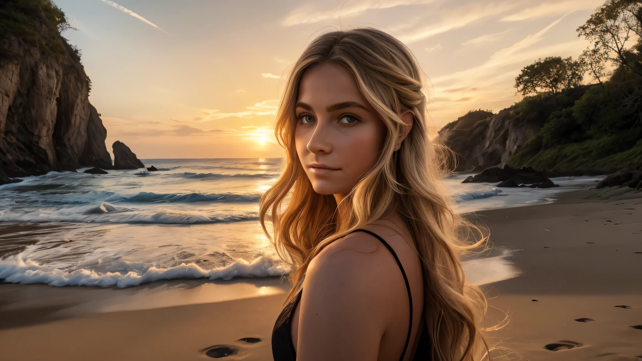 Imaginez le portrait d'une femme au visage serein, qui porte des lunettes fine de soleil, with long wavy blonde hair, reflecting the golden light of dusk at the edge of'une plage. Elle porte un casque audio sur les oreilles, symbole de son lien avec la musique. The scene takes place at the end of the day, with a subdued light that delicately envelops her face and hair, créant une atmosphère intime et inspirante. Le fond de l'image est estompé, mettant en avant la femme tout en suggérant un espace ouvert et paisible, perhaps evoking creative freedom or'escape that'offers his YouTube channel. L'image combine élégance, tranquility and modernity, capturer l'essence de la chaîne qu'it represents. The color palette is dominated by the soft hues of the sunset, avec des touches de bleu et d'or pour équilibrer chaleur et fraîcheur. Cette image de couverture est conçue pour attirer l'attention tout en invitant les spectateurs à découvrir le monde que la chaîne a à offrir.
