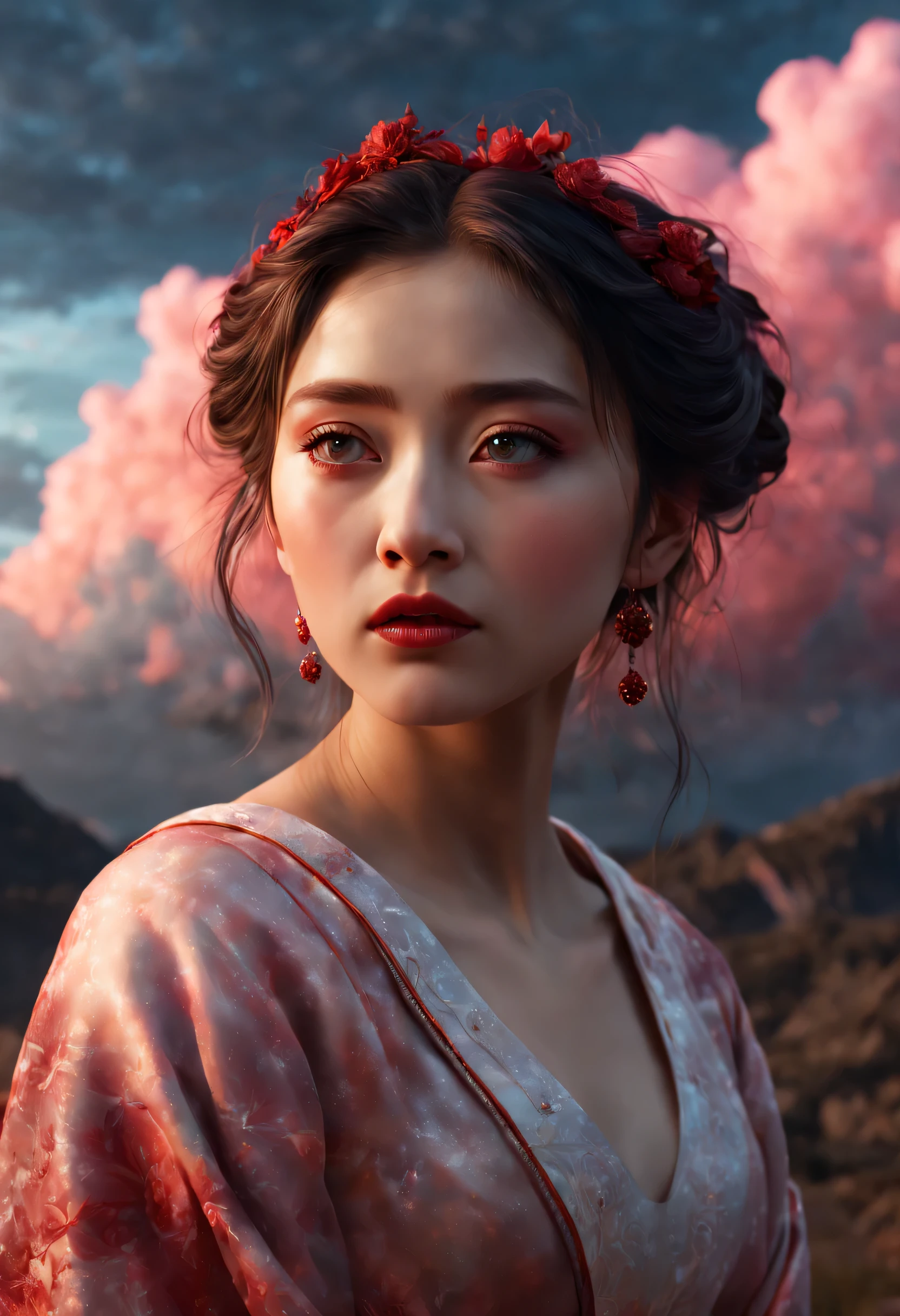 A girl staring at Niburu, wearing an elegant dress, on a vibrant background with swirling clouds. The girl has beautiful detailed eyes, natural rosy blush on her cheeks, and ruby red lips. The light from Niburu casts a soft glow on her face and illuminates her long eyelashes. The image is depicted in a realistic style, with ultra-detailed features that showcase the girl's emotions and curiosity. The colors are vivid and the lighting creates a sense of mystery and awe. The overall image quality is of the highest standard, with a resolution of 8k and a photorealistic rendering. The scene is set in a post-apocalyptic landscape, where Niburu, a mythical planet, is visible in the sky, creating a dramatic and otherworldly atmosphere.