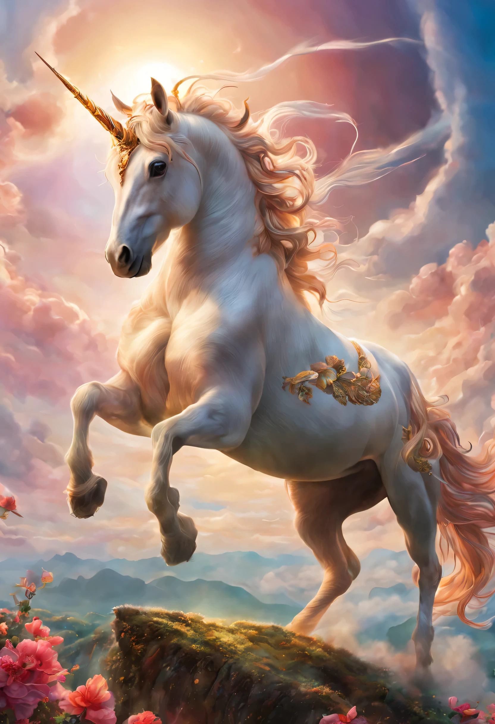 unicorn, Heaven, beautiful, super detailed, Extreme details, panoramic，leap high，amazing details, Super sharp details, superb, (masterpiece:1.2), intricate details, best quality, high quality, rich、Full of energy、bright colors, 超high resolution, stills, 4k, 8K Ultra HD, extremely complex, Very detailed, amazing, fine details, high resolution, perfect, wonderful, surreal, Realistic glow, shine, Shiny