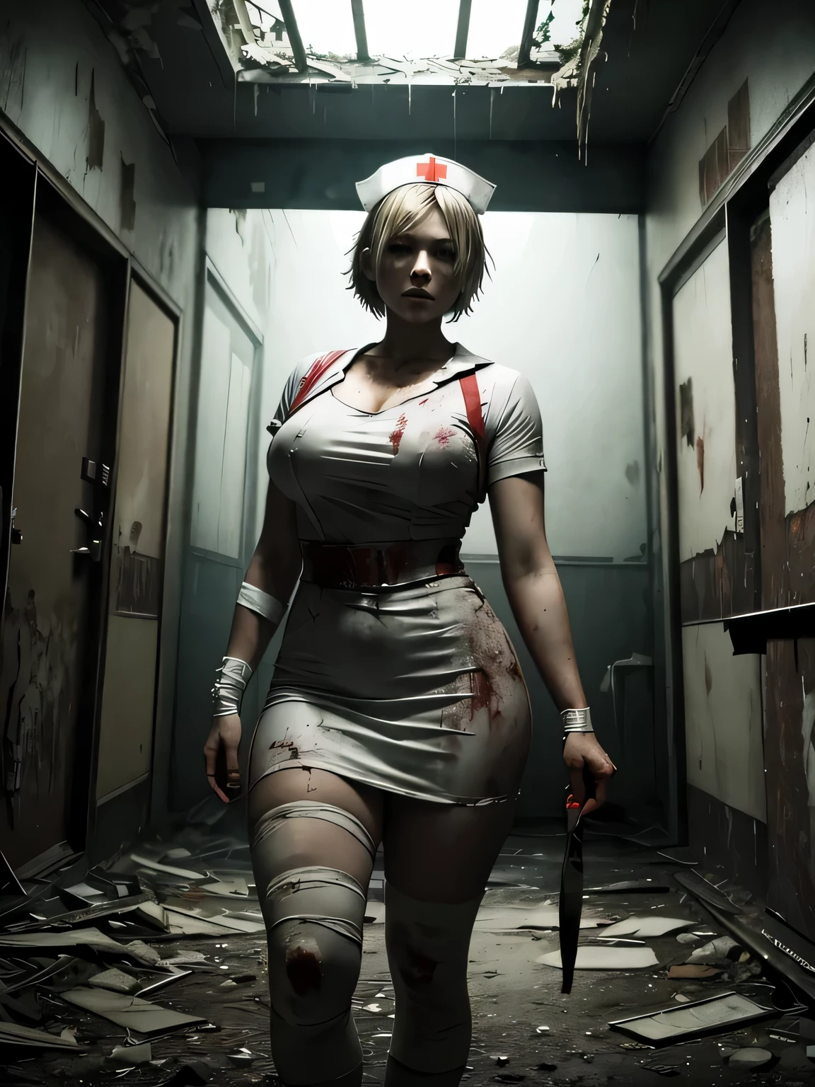 Nurse, Silent Hill, Bandaged Head, Curvy, Sexy, Bloody Outfit, Dirty Outfit, Horror Vibes, Asylum, Abandoned Building, creepy Scenery, Hot Nurse