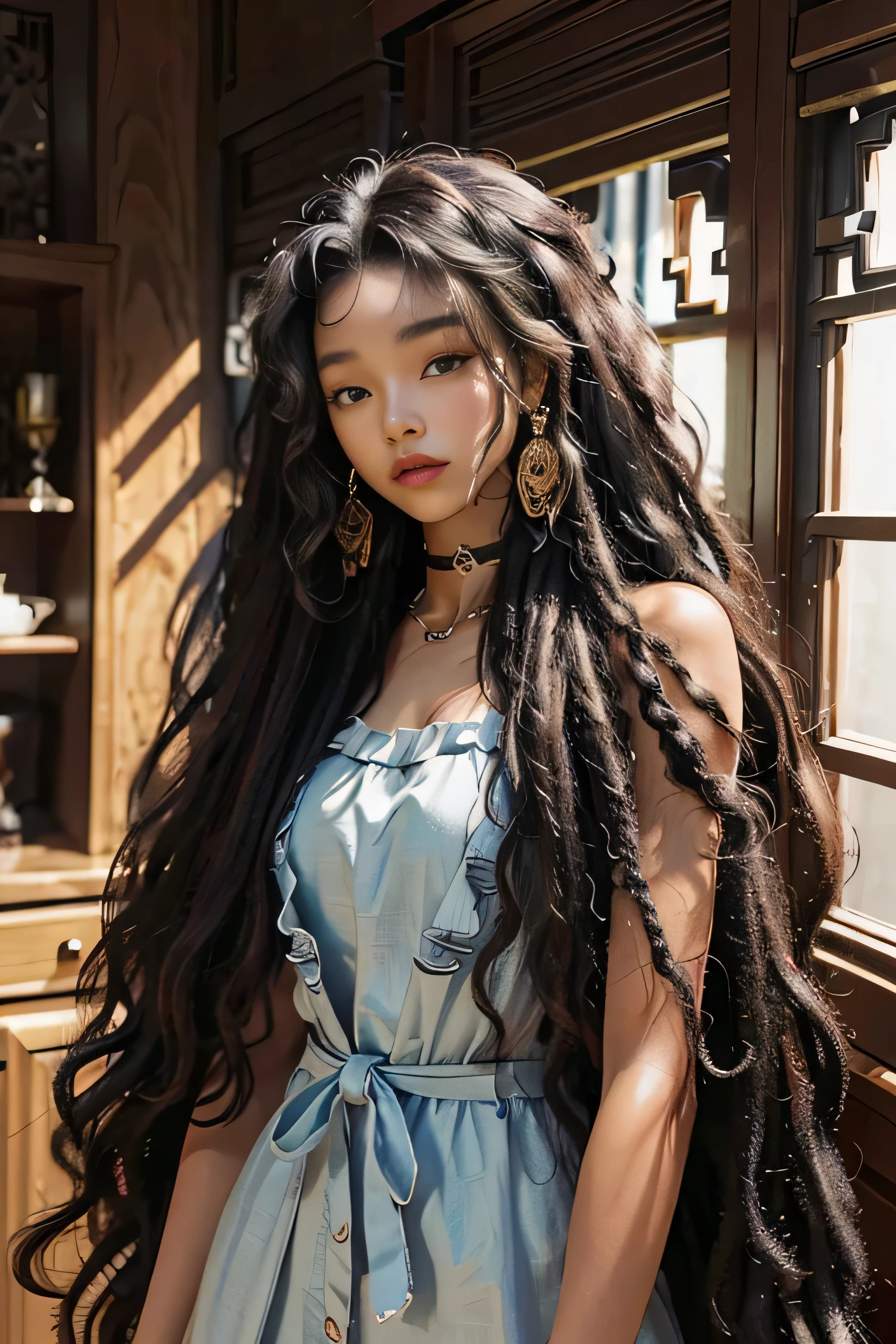 masterpiece, best quality, beautiful African and Asian mixed 17 year old, ebony skin female, long, frizzy, curly dark hair, perfect face, half body, long hair, melanin