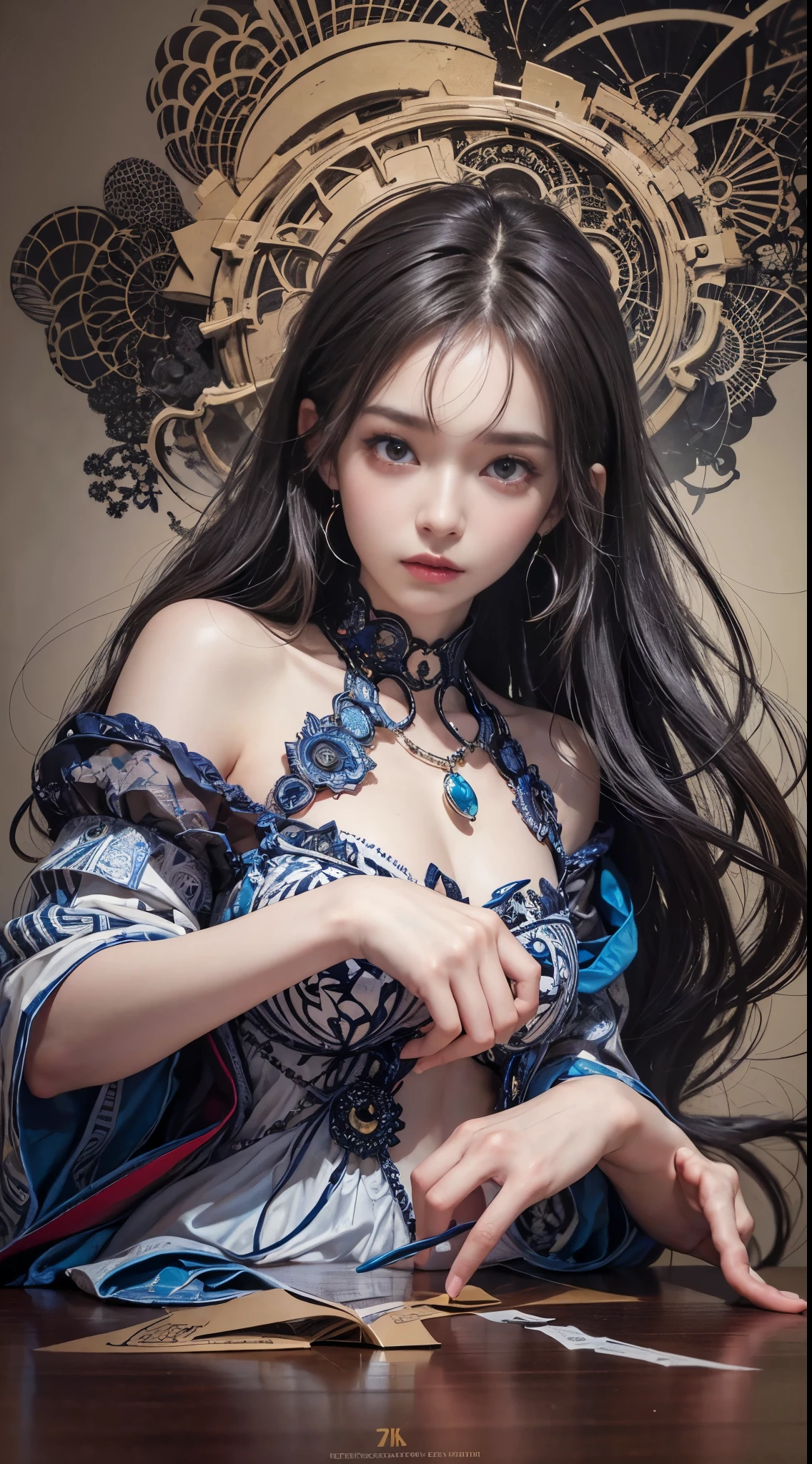 official art, unity 8k wallpaper, Super detailed, beautiful and aesthetic, masterpiece, highest quality, (zentangle, mandala, tangle, entangle), (fractal art:1.3) , 1 girl, very detailed, dynamic angle, cowboy shot, the most beautiful form of chaos, elegant, brutal designer, bright colors, romanticism, Written by James Jean, robbie dowi antono, The Tran, francis bacon, michael muratu, Adrianne'genius, Petra Cortright, Gerhard Richter, takato yamamoto, ashley wood, in the atmosphere, ecstasy of notes, Streaming notes are displayed,