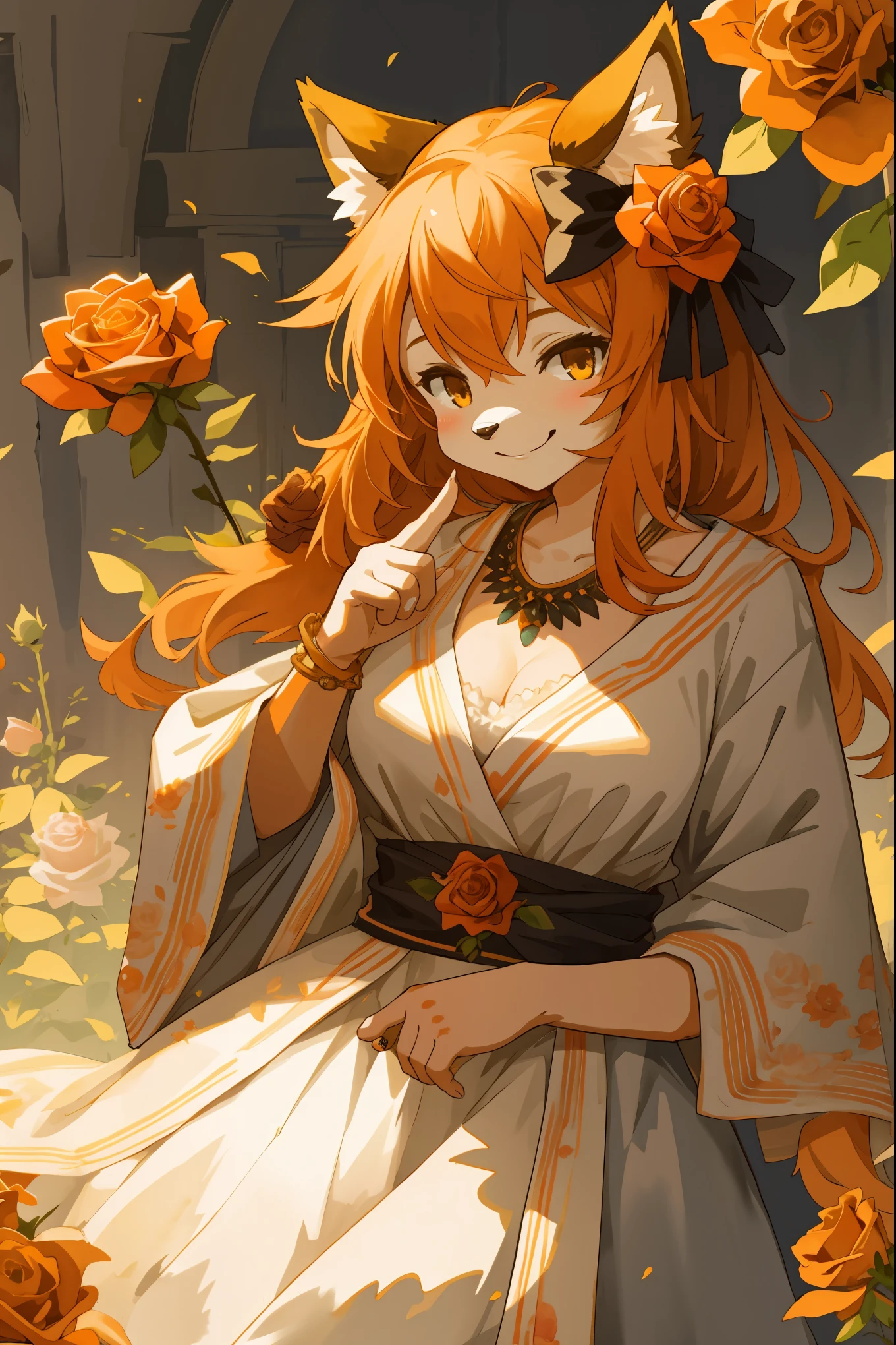 watercolor, highres, top quality, best quality, paid reward available, High-quality illustrations, unparalleled masterpiece, perfect artwork, absurdres, 1girl, kemono, furry, detailed body fur, animal face, animal hand, Archaic Smile, holding a cluster of orange Rose in both hands, which are positioned at chest level, She is wearing a simple ring on the ring finger of her left hand, unfocused spread of orange rose, fan-created work shared on platforms Pixiv or Twitter,