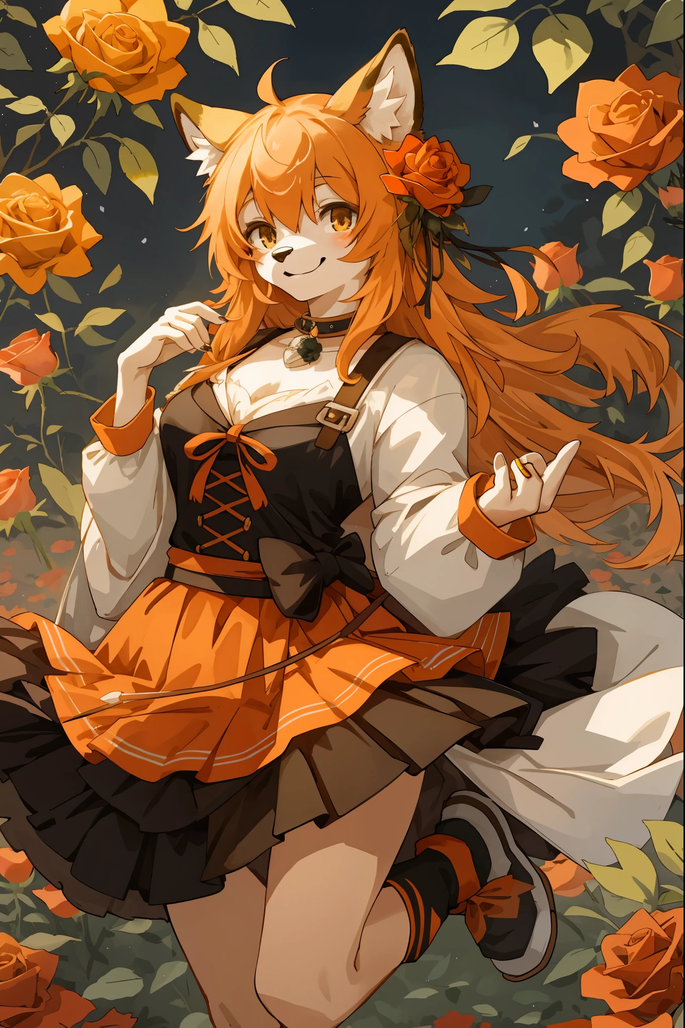 watercolor, highres, top quality, best quality, paid reward available, High-quality illustrations, unparalleled masterpiece, perfect artwork, absurdres, 1girl, kemono, furry, detailed body fur, animal face, animal hand, Archaic Smile, holding a cluster of orange Rose in both hands, which are positioned at chest level, She is wearing a simple ring on the ring finger of her left hand, unfocused spread of orange rose, fan-created work shared on platforms Pixiv or Twitter,