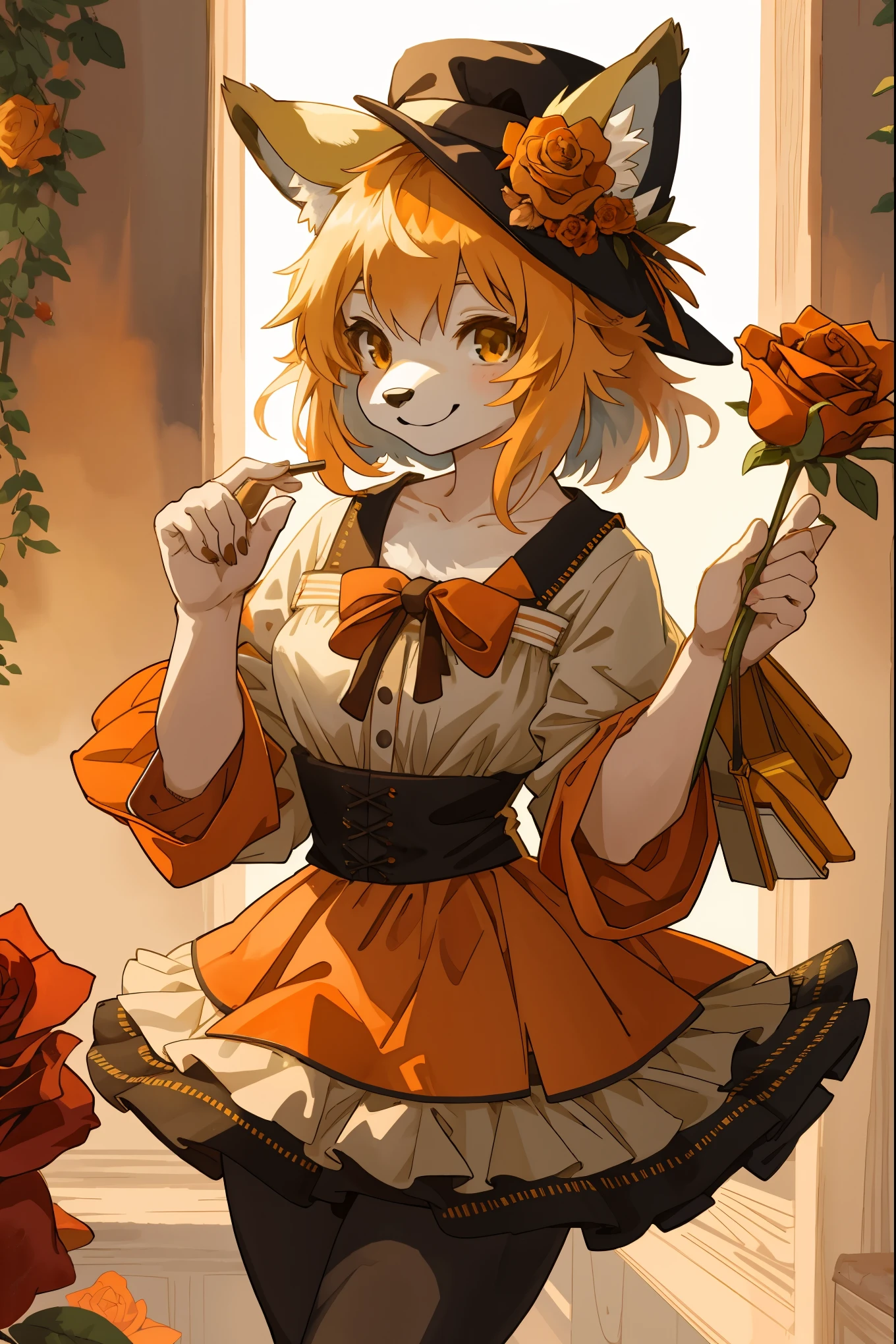 watercolor, highres, top quality, best quality, paid reward available, High-quality illustrations, unparalleled masterpiece, perfect artwork, absurdres, 1girl, kemono, furry, detailed body fur, animal face, animal hand, Archaic Smile, holding a cluster of orange Rose in both hands, which are positioned at chest level, She is wearing a simple ring on the ring finger of her left hand, unfocused spread of orange rose, fan-created work shared on platforms Pixiv or Twitter,
