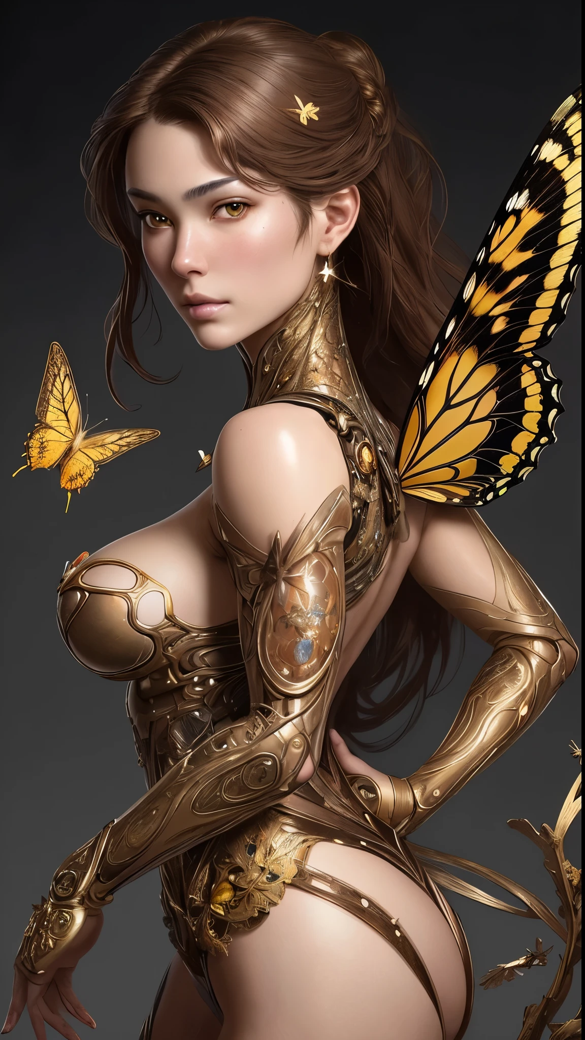 8k portrait of beautiful cyborg with brown hair, Complex, elegant, very detailed, majestic, digital photography, artgerm、ruan jia、greg rutkowskiによるアート、surrealistic painting、gold butterfly filigree, broken glass star piece, side light, Beautiful detailed eyes: 1.2), HDR, 