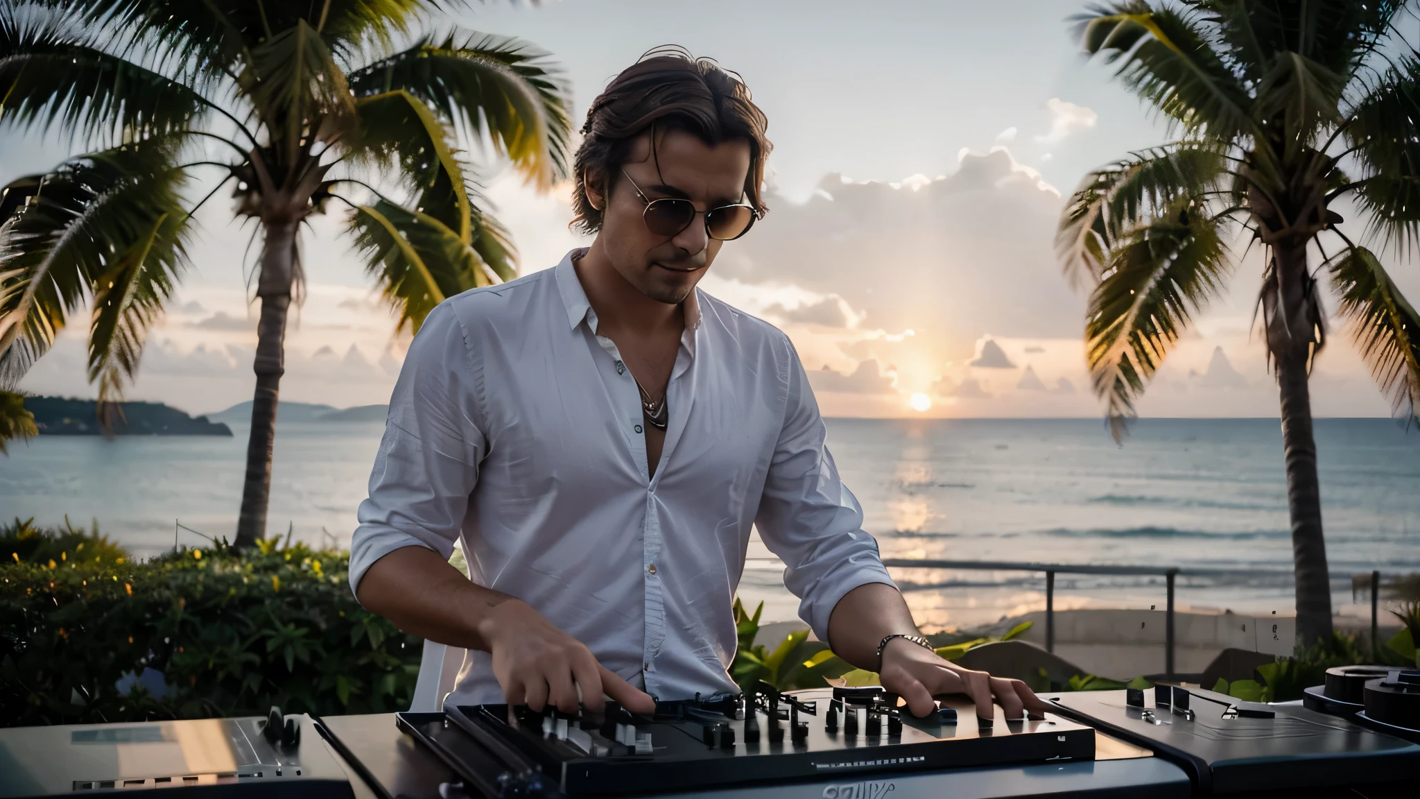 Visualize a vibrant and energetic stage where a passionate DJ takes center stage, capturant l'essence d'un moment magique de musique en plein air. Ce DJ, Cool et confiant, wears stylish sunglasses that reflect the last rays of the sun, ajoutant une touche de mystère à son allure. He is intensely focused on his mixing desk, his skilled hands adjusting the tracks with precision, dans une parfaite harmonie avec le rythme.
L'environnement autour de lui évoque une ambiance de détente et de fête, caractérisée par la présence de quelques palmiers élancés en background, qui se découpent contre un ciel aux couleurs douces de fin de journée. Ces teintes, mix of roses, d'orange et de violette, creating a warm and inviting atmosphere, reflétant la beauté d'un coucher de soleil sur un lieu exotique.
The light is soft but present enough to highlight the DJ'the face and details of his equipment, create subtle contrasts and play on'shadows that add depth to the scene. Les palmiers et la lumière du coucher de soleil ensemble suggèrent une ambiance festive mais détendue, un espace où la musique et la nature se rencontrent pour créer une expérience inoubliable.
Le cadre de l'image est soigneusement composé pour focaliser l'attention sur le DJ, with a depth of field that slightly blurs the'background, while letting the shapes and colors of the palm trees and sky visually enrich the scene. This composition creates a feeling of'immersion, invitant le spectateur à ressentir l'énergie de la musique et la sérénité de l'environnement naturel.
This image is designed to capture a unique moment where passion, music and natural beauty merge, offering a window into a world where every element contributes to a memorable experience. Les couleurs douces et l'ambiance de fin de journée ajoutent une touche de nostalgie et de rêverie, making this scene a moment captured h