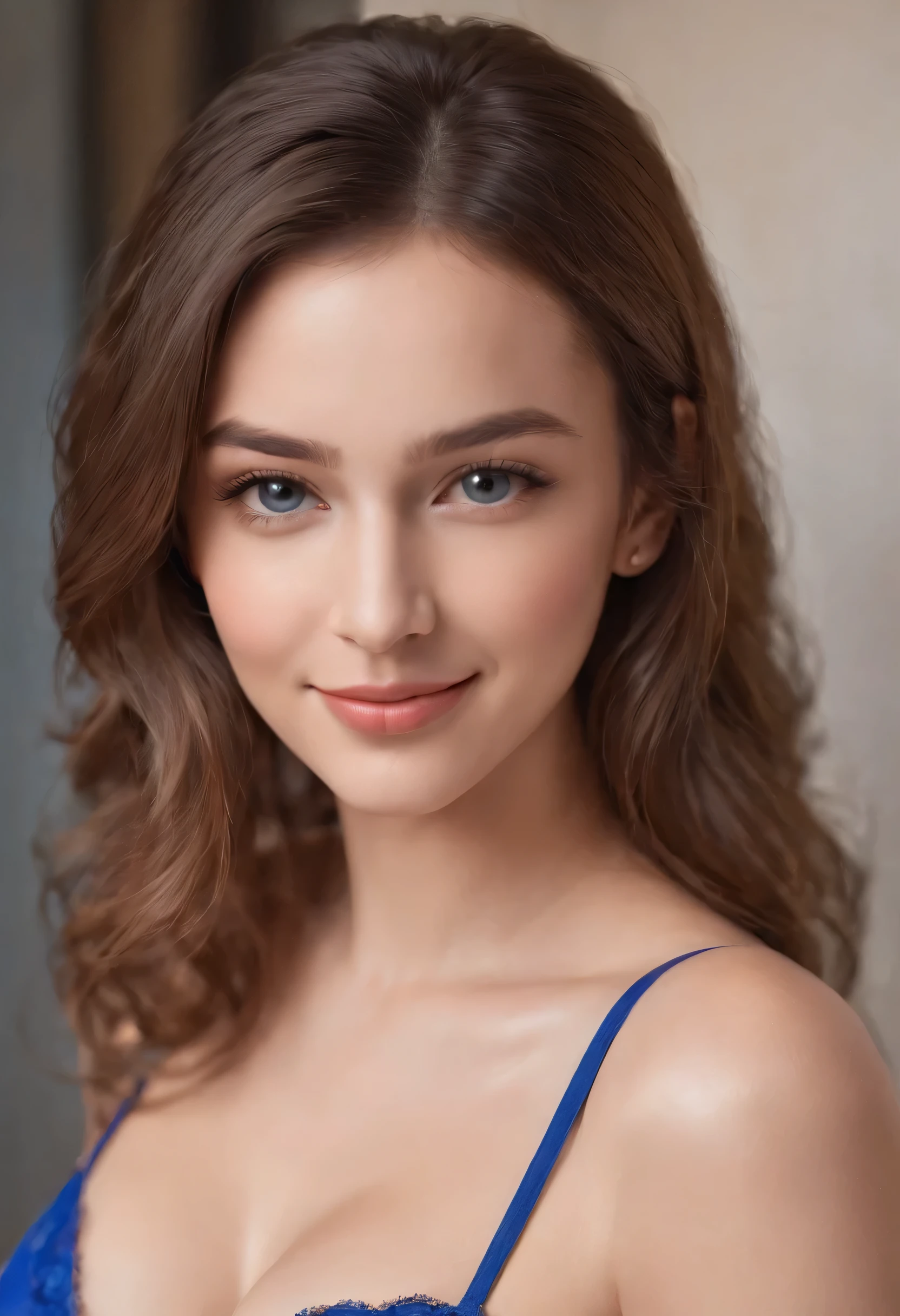 bust shot, strapless blue bra, I can see the cleavage, soft big breasts, smile, beautiful european model, 1 Girl with a beautiful face, upper body professional photo, (photo 4k:1.1) , (sharp focus:1.3), high detail, instagram pattern pose, With confidence, slim girl, big breasts:1.3, perfect anatomy, perfect symmetry:1.3, realistic, realistic face:1.2, perfect face, content, With confidence, very detailed, and dramatic, lighting scene, bright lighting, short hair