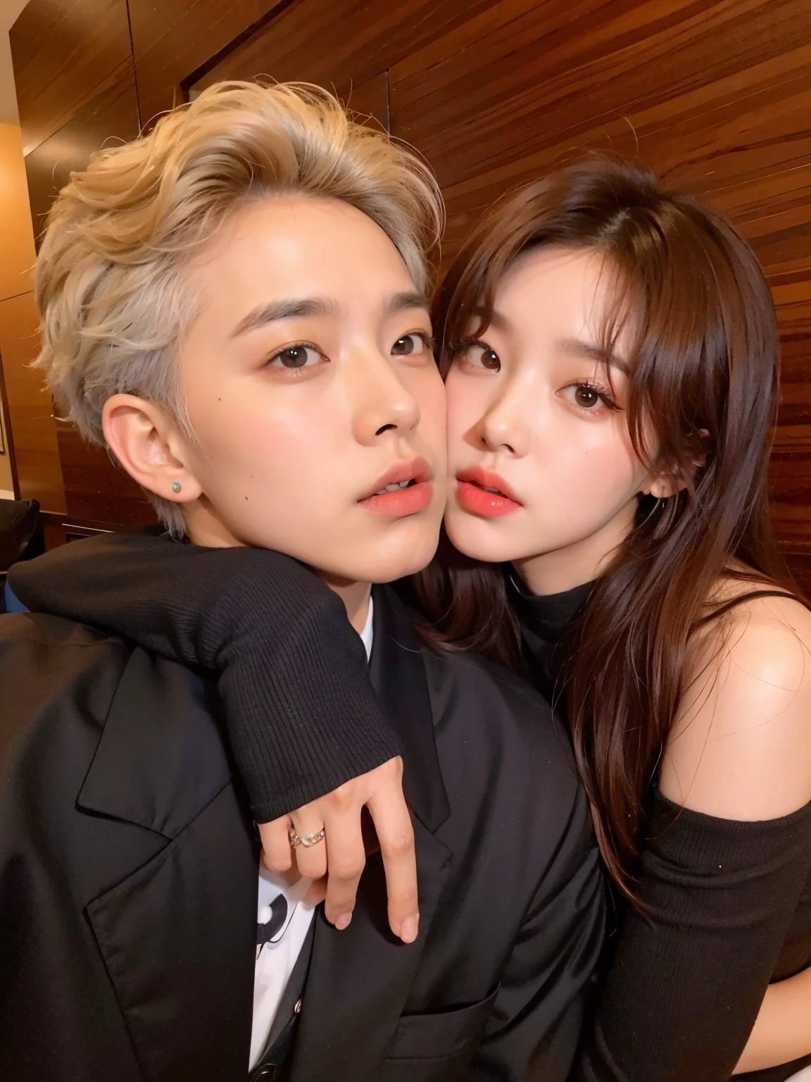 araffe y una mujer pelirroja y traje negro, nixeu y sakimichan, cai xukun, con negro, con hiedra, kim doyoung, kim taejin, estan cerca el uno del otro, pose de pareja, kda y sam que, ambos tienen labios rojos, sun yunjoo, park Jimin y rose