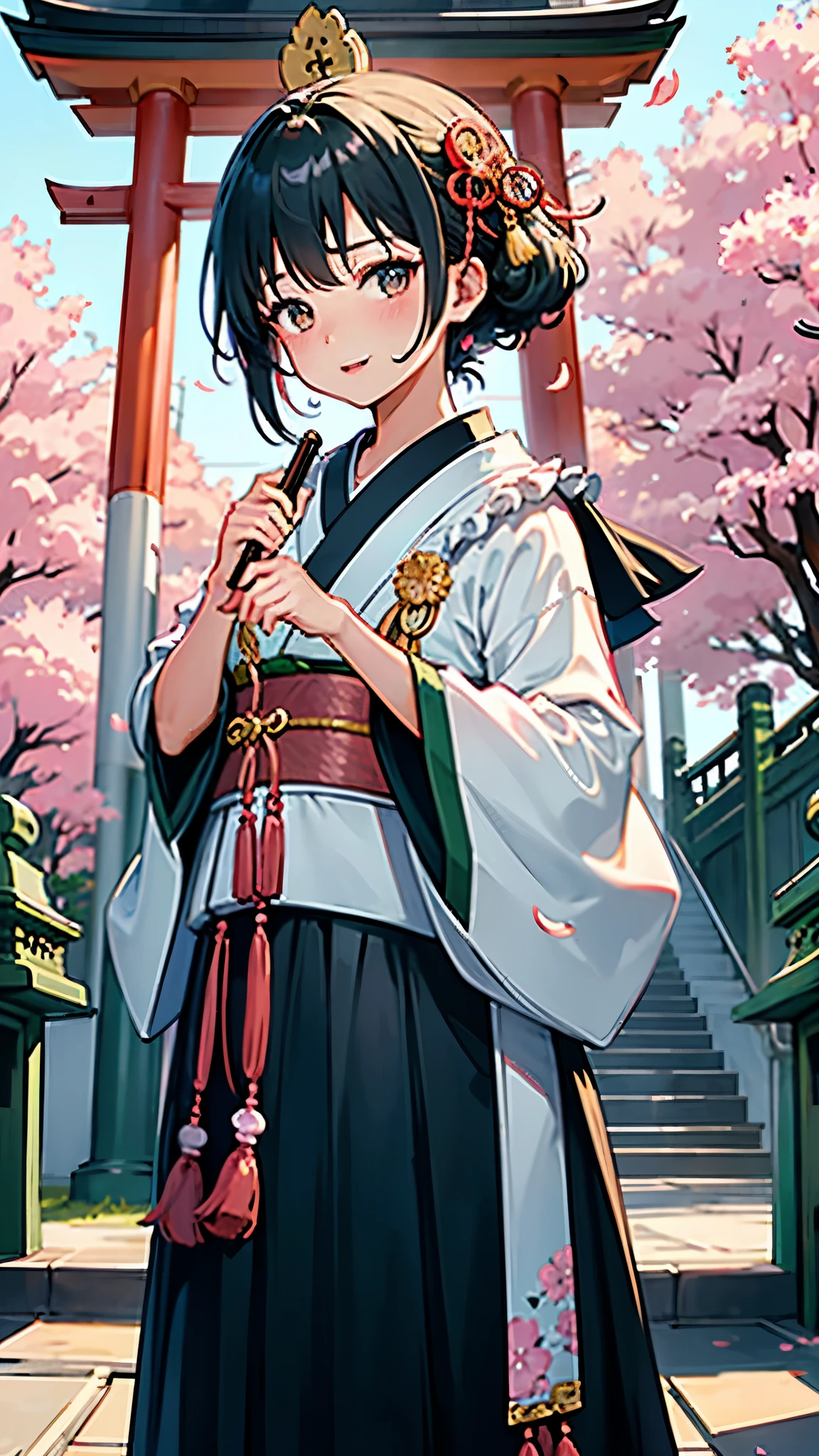 （highest quality）、Cute Japanese girl stands in the precincts of an old shrine、Please draw a scene in which you are emitting flames from a magic wand in your hand.。A beautiful magic circle spreads around you、Cherry blossoms are dancing in the wind。Her eyes are full of determination、Manipulating the flames with an elegant expression