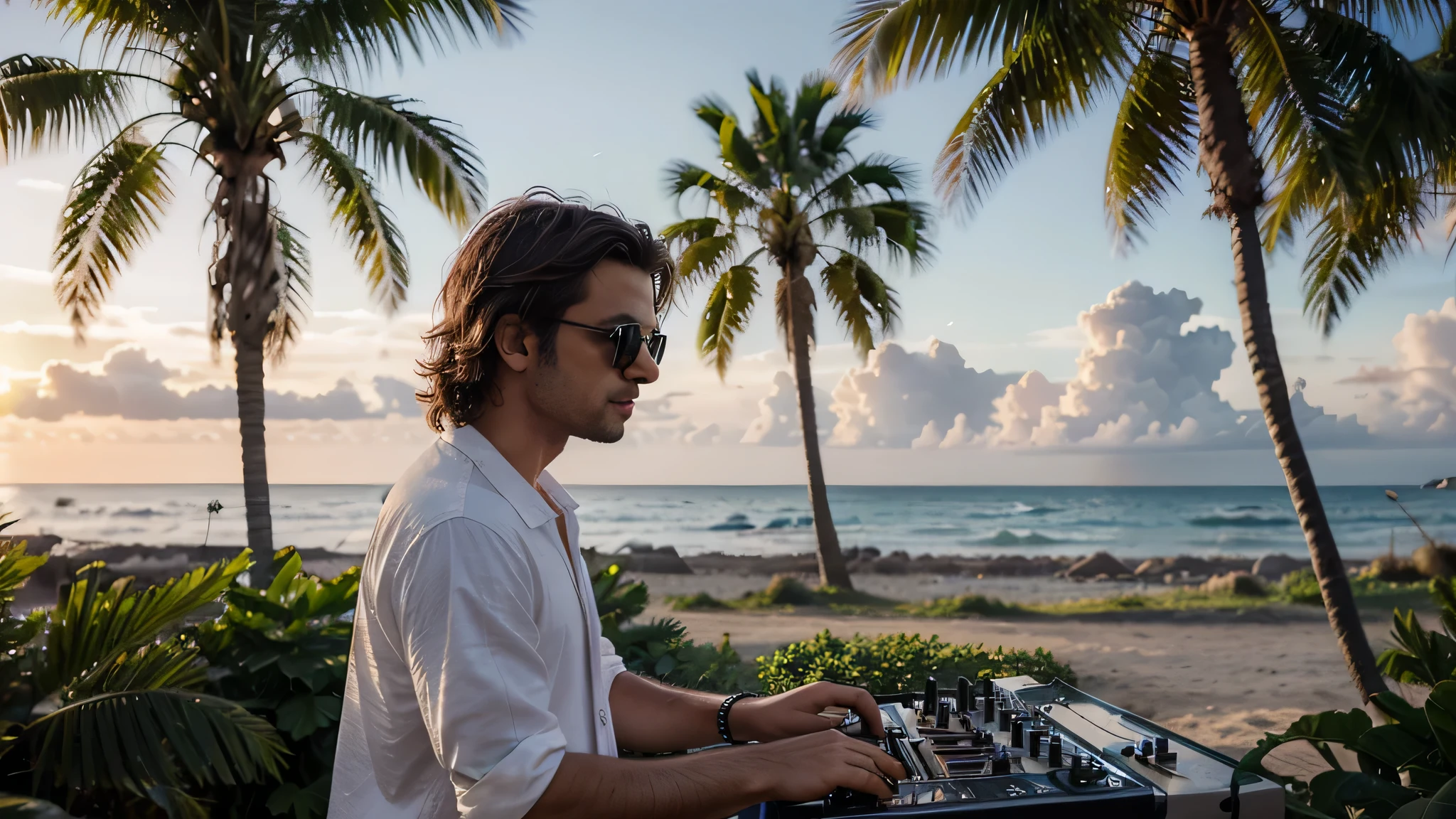 Visualize a vibrant and energetic stage where a passionate DJ takes center stage, capturant l'essence d'un moment magique de musique en plein air. Ce DJ, Cool et confiant, wears stylish sunglasses that reflect the last rays of the sun, ajoutant une touche de mystère à son allure. He is intensely focused on his mixing desk, his skilled hands adjusting the tracks with precision, dans une parfaite harmonie avec le rythme.
L'environnement autour de lui évoque une ambiance de détente et de fête, caractérisée par la présence de quelques palmiers élancés en background, qui se découpent contre un ciel aux couleurs douces de fin de journée. Ces teintes, mix of roses, d'orange et de violette, creating a warm and inviting atmosphere, reflétant la beauté d'un coucher de soleil sur un lieu exotique.
The light is soft but present enough to highlight the DJ'the face and details of his equipment, create subtle contrasts and play on'shadows that add depth to the scene. Les palmiers et la lumière du coucher de soleil ensemble suggèrent une ambiance festive mais détendue, un espace où la musique et la nature se rencontrent pour créer une expérience inoubliable.
Le cadre de l'image est soigneusement composé pour focaliser l'attention sur le DJ, with a depth of field that slightly blurs the'background, while letting the shapes and colors of the palm trees and sky visually enrich the scene. This composition creates a feeling of'immersion, invitant le spectateur à ressentir l'énergie de la musique et la sérénité de l'environnement naturel.
This image is designed to capture a unique moment where passion, music and natural beauty merge, offering a window into a world where every element contributes to a memorable experience. Les couleurs douces et l'ambiance de fin de journée ajoutent une touche de nostalgie et de rêverie, making this scene a moment captured h