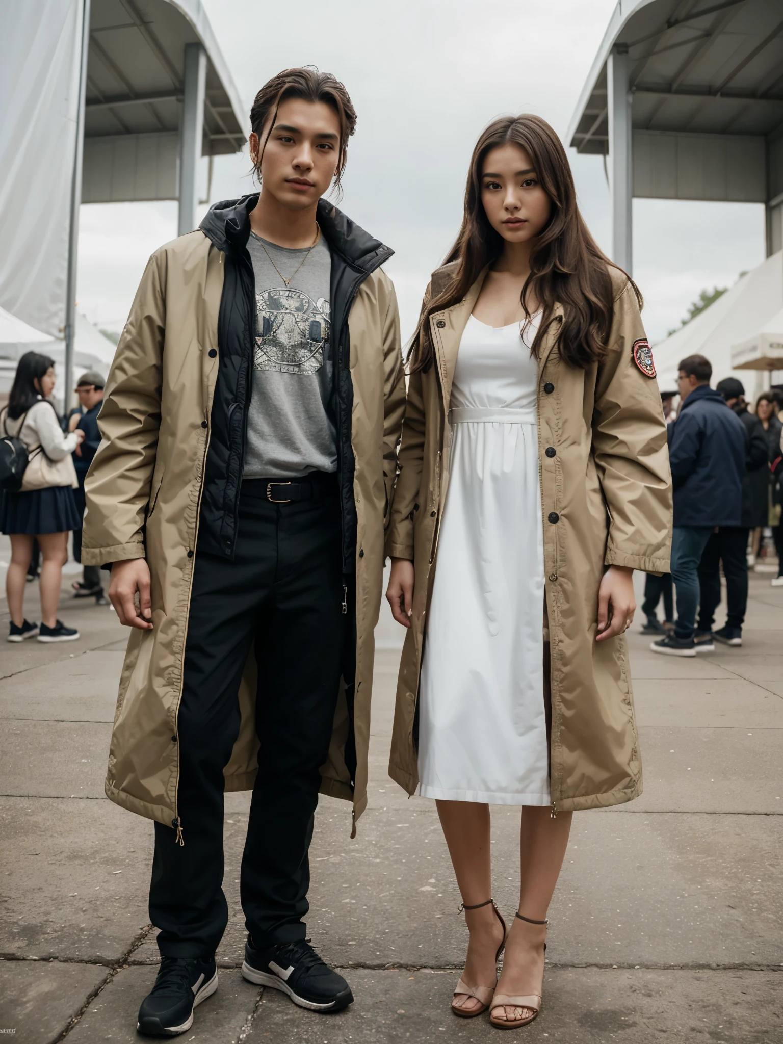 a man and a woman standing next to each other at a music band festival, an image, inspired by Adam Dario Keel, parka jacket, which is trending in the cg community, beautiful young Korean woman dressed in a long party dress movie screencap, model elisajes from acquamodels