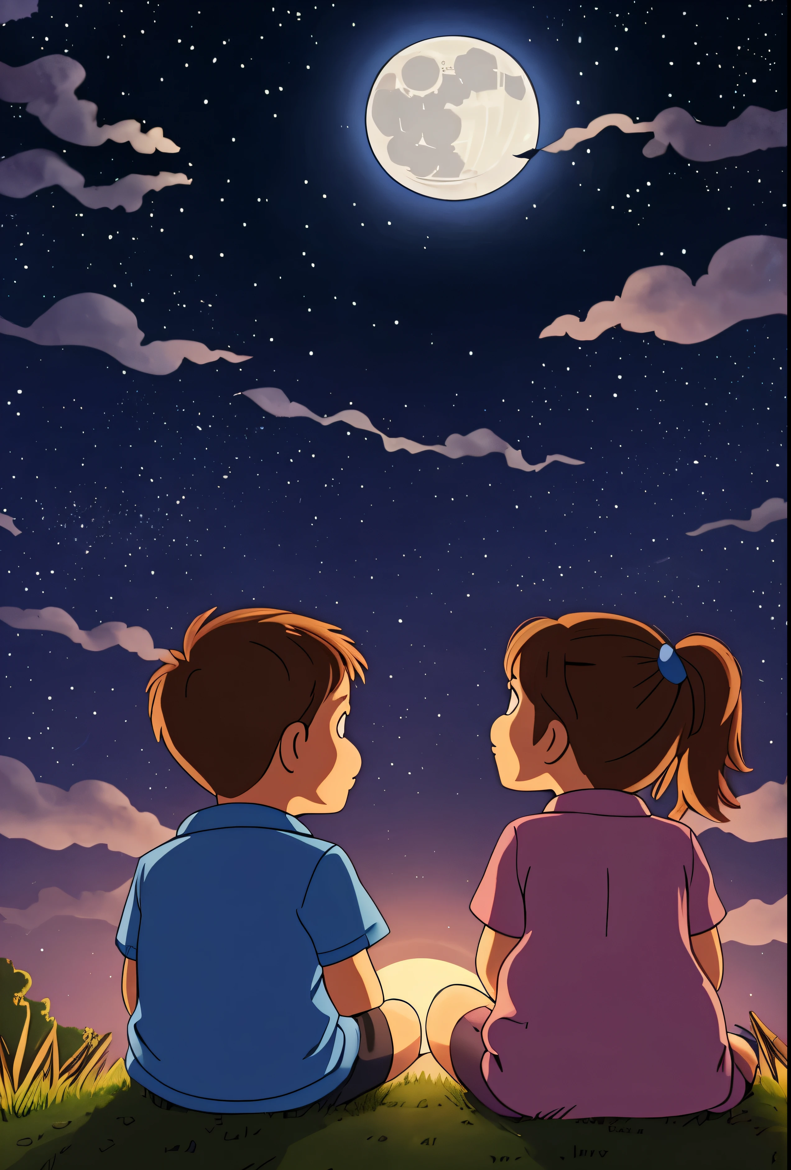 Cartoon picture of a 5 year old boy and a 4 year old girl sitting under the moon looking at the moon