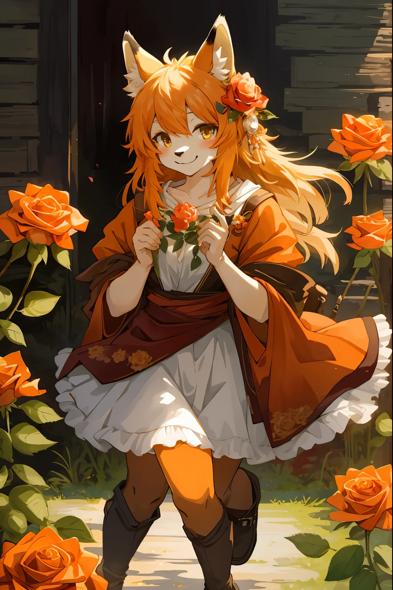 watercolor, highres, top quality, best quality, paid reward available, High-quality illustrations, unparalleled masterpiece, perfect artwork, absurdres, 1girl, kemono, furry, detailed body fur, animal face, animal hand, Archaic Smile, holding a cluster of orange Rose in both hands, which are positioned at chest level, She is wearing a simple ring on the ring finger of her left hand, unfocused spread of orange rose, fan-created work shared on platforms Pixiv or Twitter,