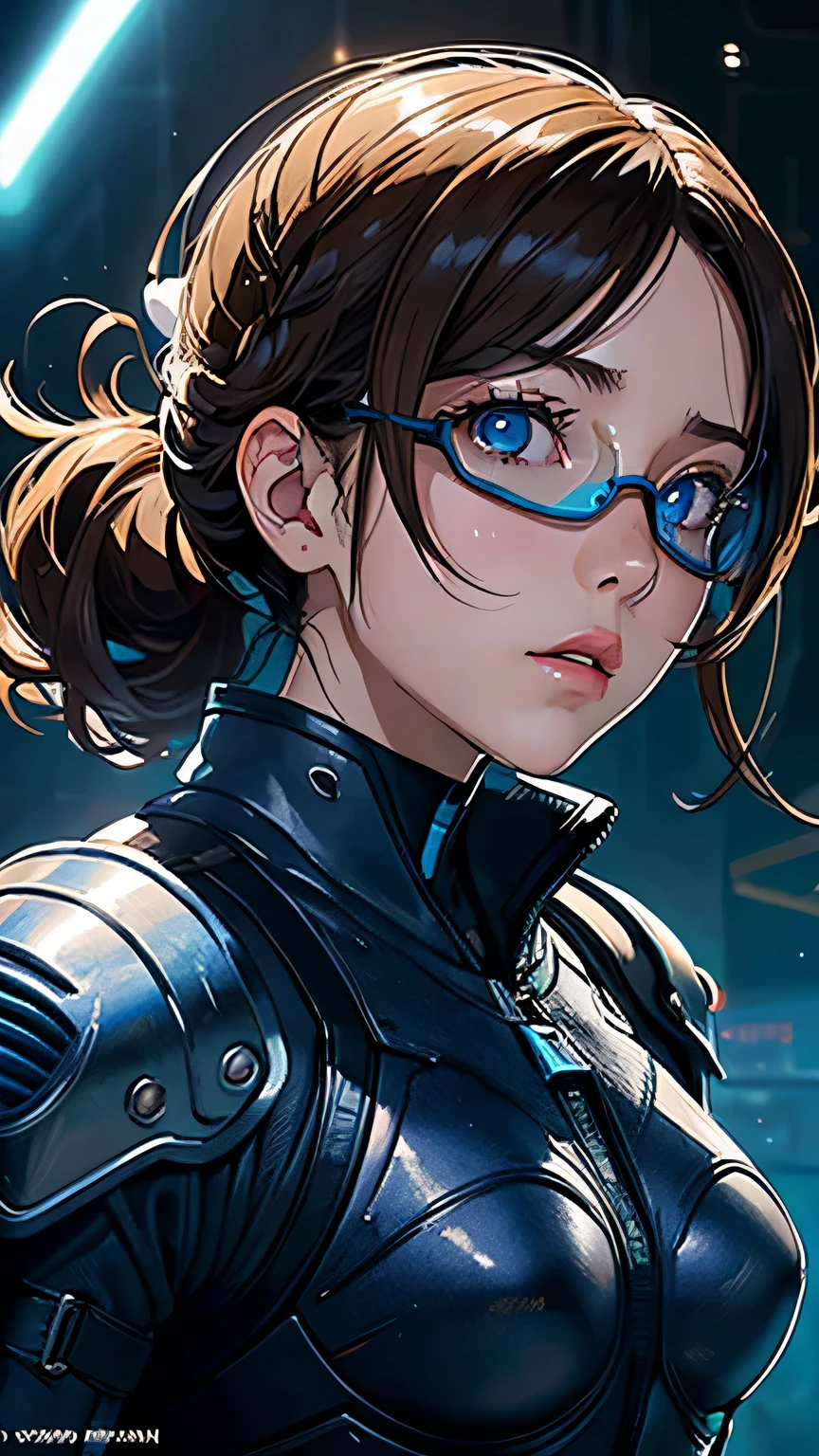 masterpiece, 最high quality, , (alone), 1 girl, look up, dim light, , horizon_(apex legend), goggles, blue eyes, brown hair, gauntlet, shoulder armor, Helmet, (science_fiction), outdoors, street, neon light, cyber punk, masterpiece, 最high quality, high quality, High resolution, (((close up of face、