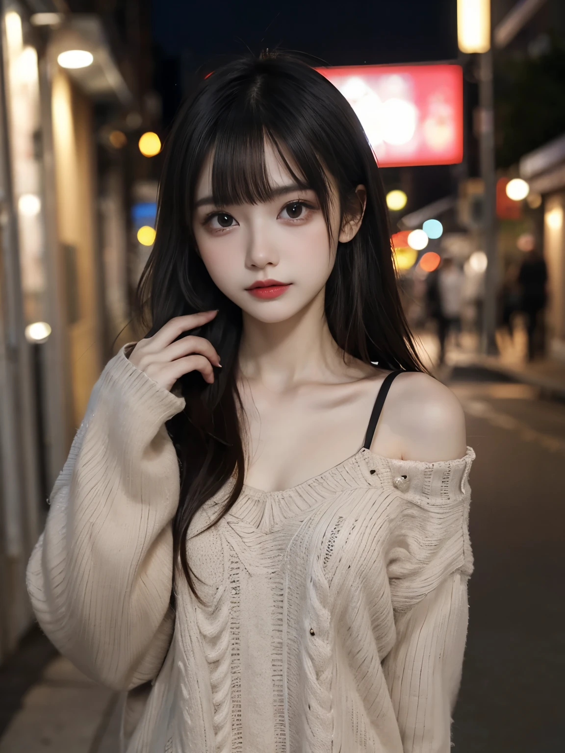 raw photo, 8k, (top-quality), Realistic, (real picture, Intricate details), (natural skin texture, detailed skin, hyper realism, sharpness), (glasses Japanese teenage girl standing in a dirty back alley at night, graffitied wall:1.3), ((white hand-knitted long sweater, v-neck sweater)), (pale skin:1.2, slender body), ((long straight hair, blunt bangs)), (glasses seductive face, provocative look, Parted lips:1.3, eye shadow, eyeliner, tear bag:1.2, red lipstick), graffiti:1.5, night time, spot lighting:1.3, upper body shot