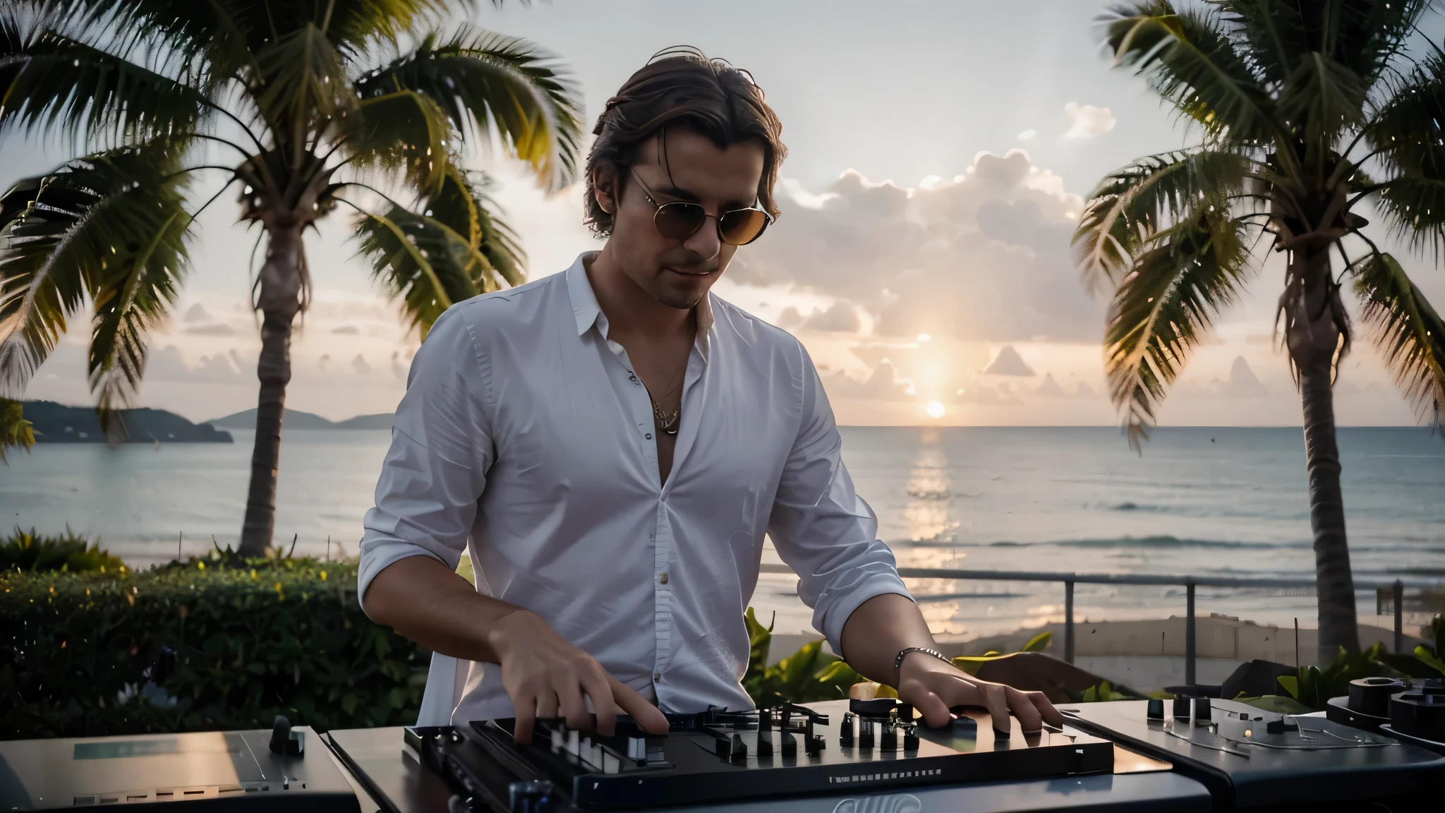 Visualize a vibrant and energetic stage where a passionate DJ takes center stage, capturant l'essence d'un moment magique de musique en plein air. Ce DJ, Cool et confiant, wears stylish sunglasses that reflect the last rays of the sun, ajoutant une touche de mystère à son allure. He is intensely focused on his mixing desk, his skilled hands adjusting the tracks with precision, dans une parfaite harmonie avec le rythme.

L'environnement autour de lui évoque une ambiance de détente et de fête, caractérisée par la présence de quelques palmiers élancés en background, qui se découpent contre un ciel aux couleurs douces de fin de journée. Ces teintes, mix of roses, d&#39;orange et de violette, creating a warm and inviting atmosphere, reflétant la beauté d'un coucher de soleil sur un lieu exotique.

The light is soft but present enough to highlight the DJ&#39;the face and details of his equipment, create subtle contrasts and play on&#39;shadows that add depth to the scene. Les palmiers et la lumière du coucher de soleil ensemble suggèrent une ambiance festive mais détendue, un espace où la musique et la nature se rencontrent pour créer une expérience inoubliable.

Le cadre de l'image est soigneusement composé pour focaliser l'attention sur le DJ, with a depth of field that slightly blurs the&#39;background, while letting the shapes and colors of the palm trees and sky visually enrich the scene. This composition creates a feeling of&#39;immersion, invitant le spectateur à ressentir l'énergie de la musique et la sérénité de l'environnement naturel.

This image is designed to capture a unique moment where passion, music and natural beauty merge, offering a window into a world where every element contributes to a memorable experience. Les couleurs douces et l'ambiance de fin de journée ajoutent une touche de nostalgie et de rêverie, making this scene a moment captured h
