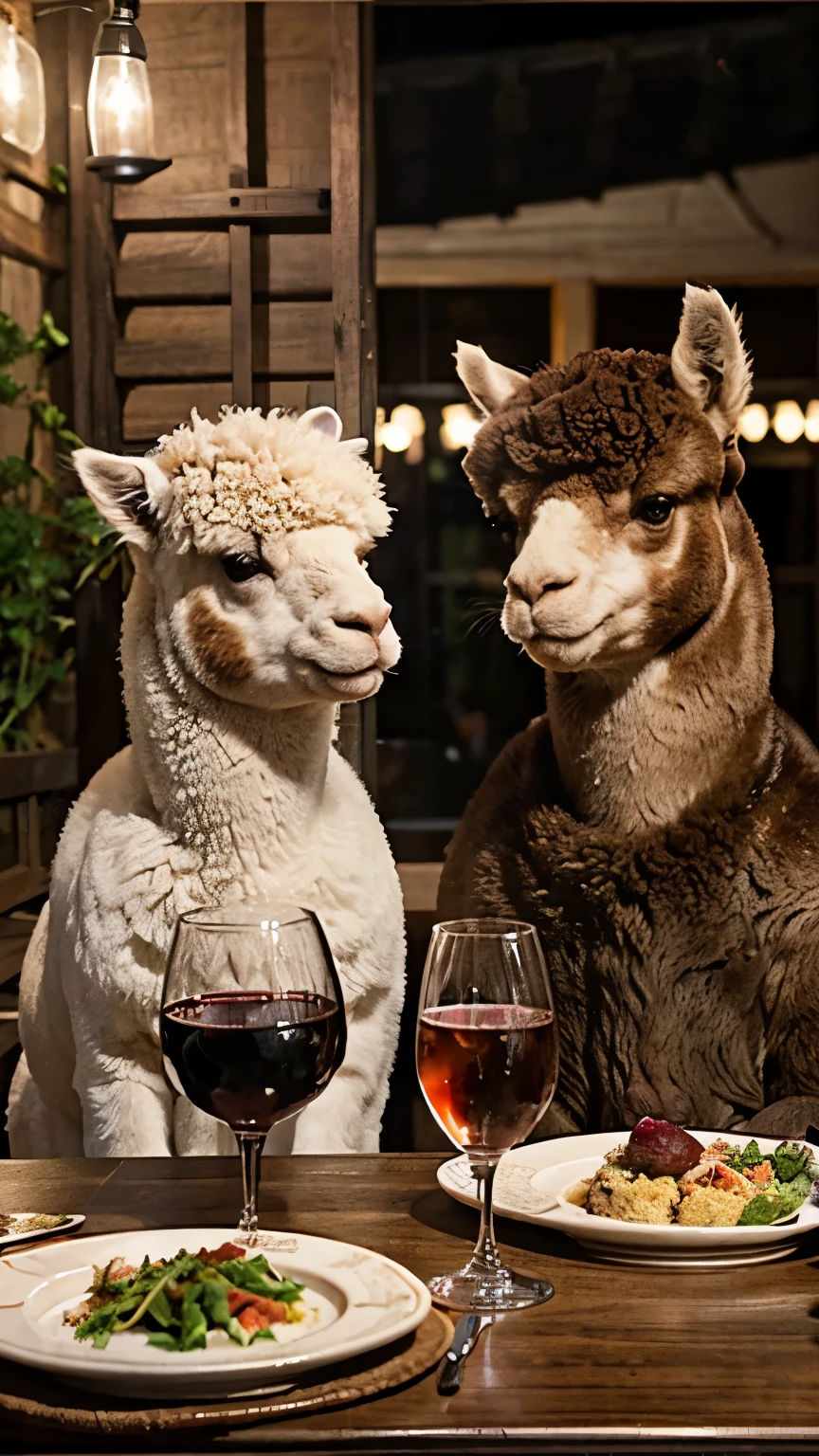 An old couple alpaca animals in khaki，Sitting at the table in casual clothes，Enjoying a delicious dinner。The table is full of plates、tableware、food、Two wine glasses and three candlelights。The meal in front of them consisted of rice、chicken、salad and bottle of red wine。Alpacas smiling at each other，Look at each other with love。Night view and beautiful little moon outside the restaurant window。Alpacas are chubby and look particularly cute，fine hair。There is a bottle of red wine on the table。